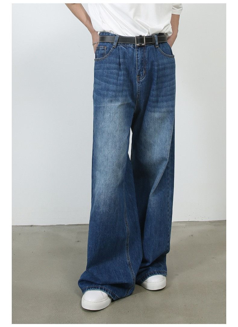 image of Blue Baggy Flared Jeans, Stack Retro Jeans, Wide Leg Jeans, Men's (Size 30)