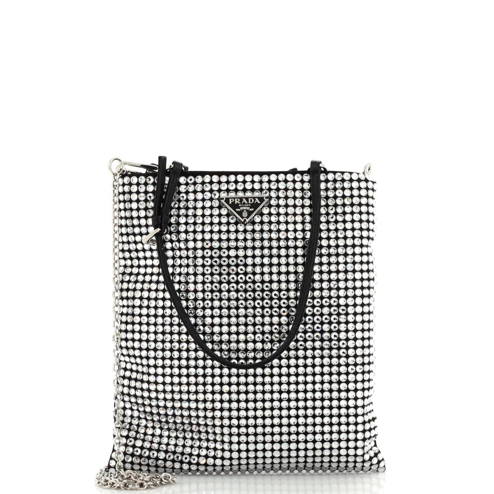 image of Prada Chain Flat Tote Crystal Embellished Satin Mini in Black, Women's