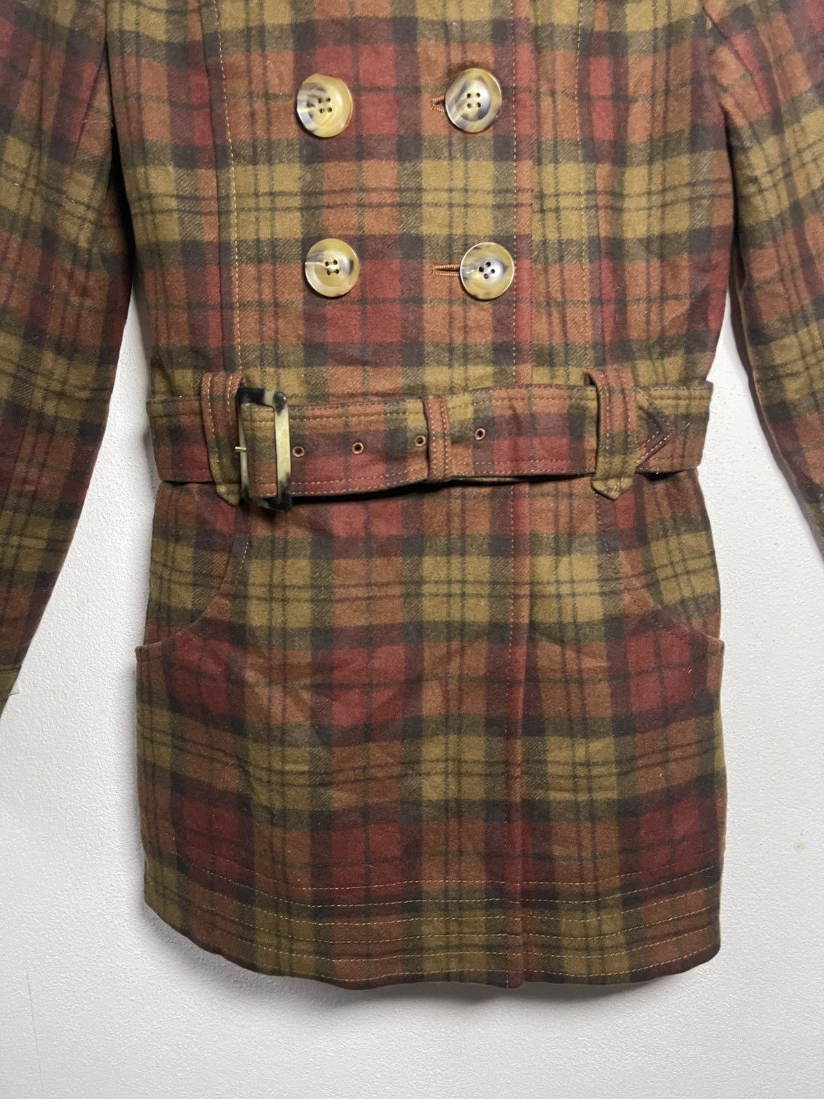 Japanese Brand Peyton Place Plaid Wool Blend Trench Coat Rabbit Fur Collar Size S / US 4 / IT 40 - 5 Thumbnail