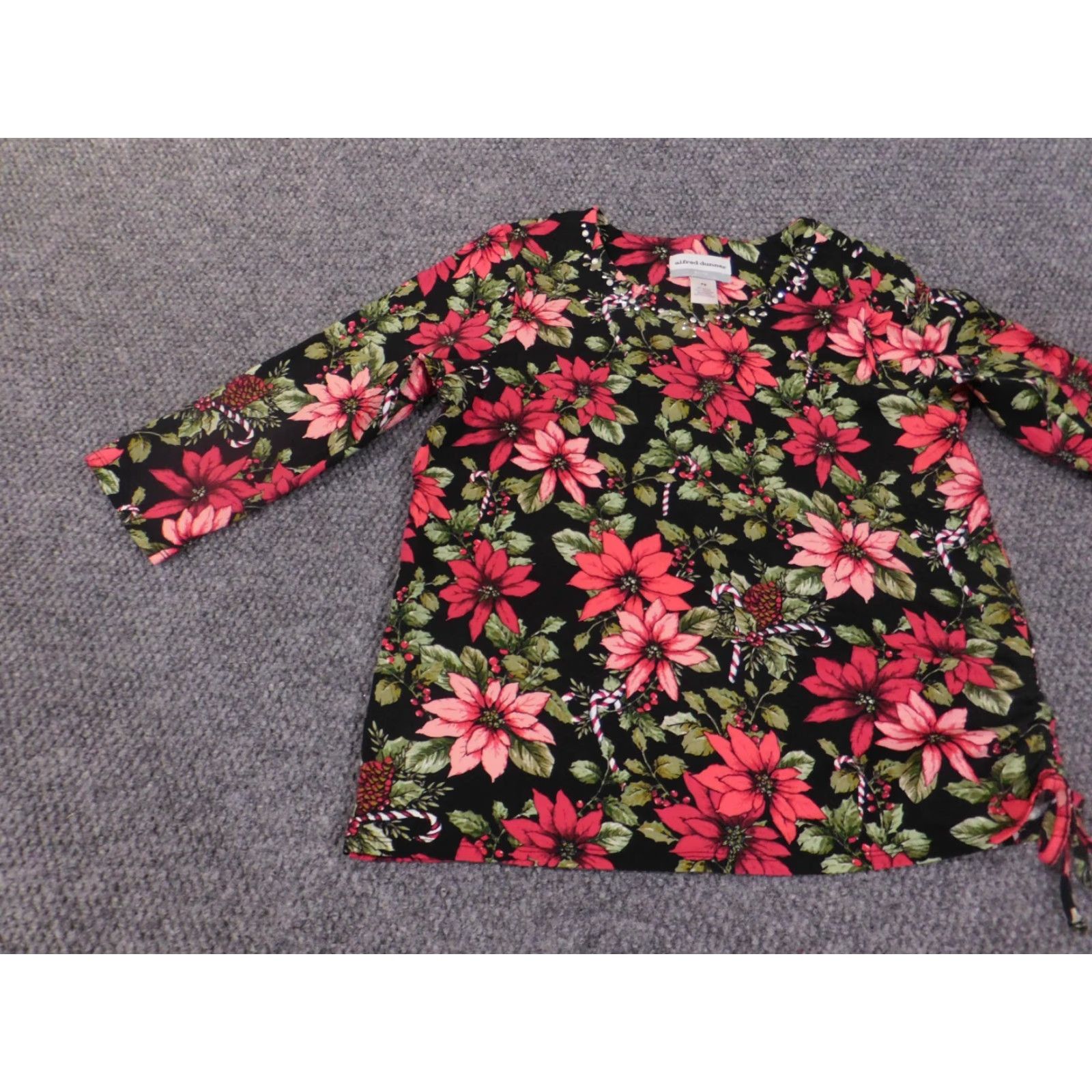 Vintage Alfred Dunner Blouse Shirt Petite PS Women Red Floral Cotton Spandex Stretch Round Neck Long Sleeve Pullover Casual Weekend Flower Size S / US 4 / IT 40 - 4 Thumbnail