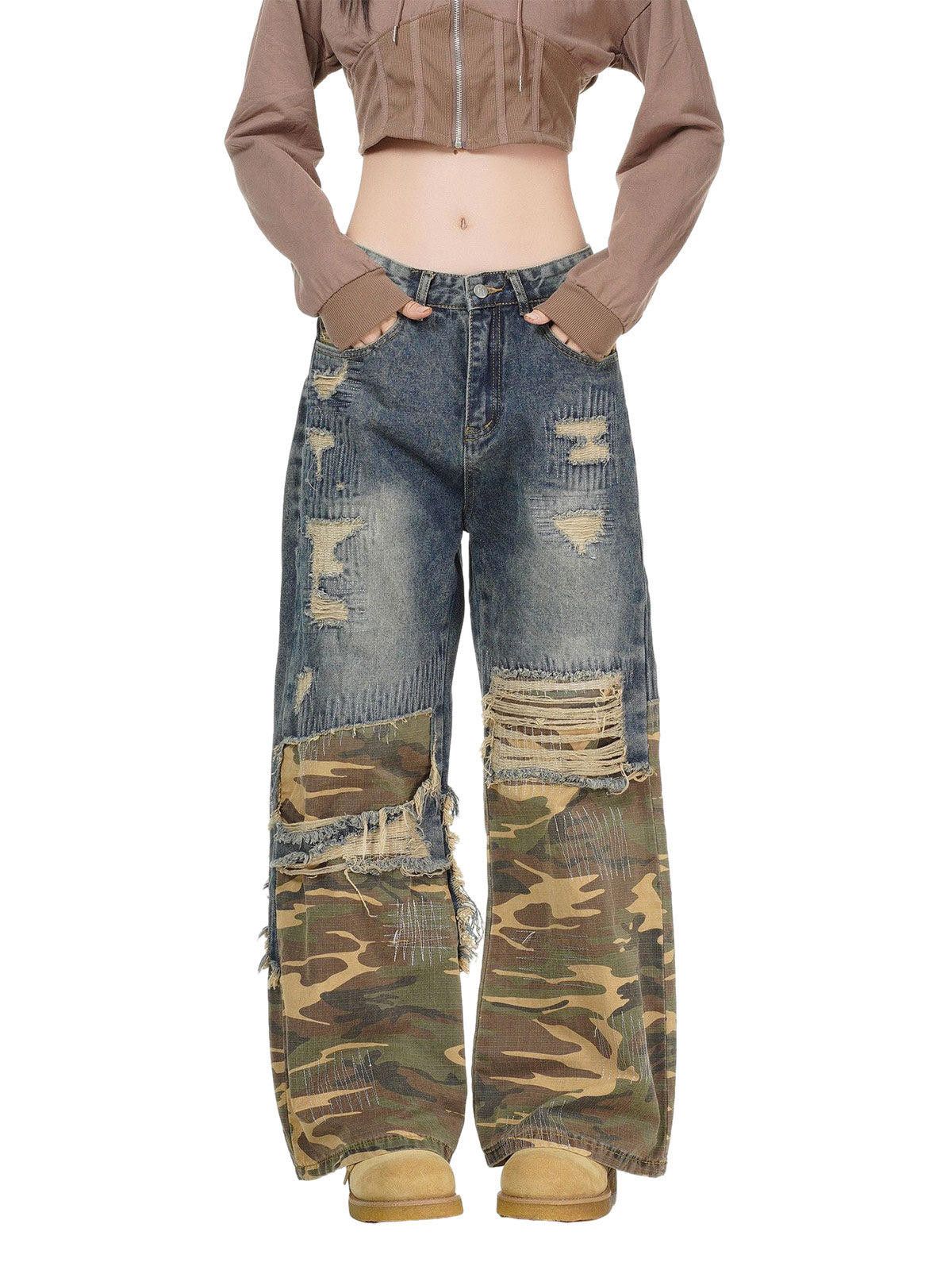 Japanese Brand Distressed Camouflage Patchwork Jeans Size 30" / US 8 / IT 44 - 1 Thumbnail
