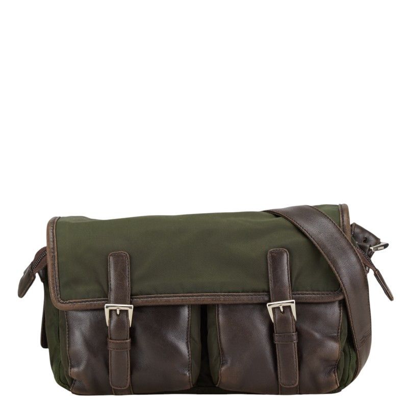 Prada Prada Nylon Leather Triangle Logo Plate Shoulder Bag Leather Shoulder Bag in Brown, Women's