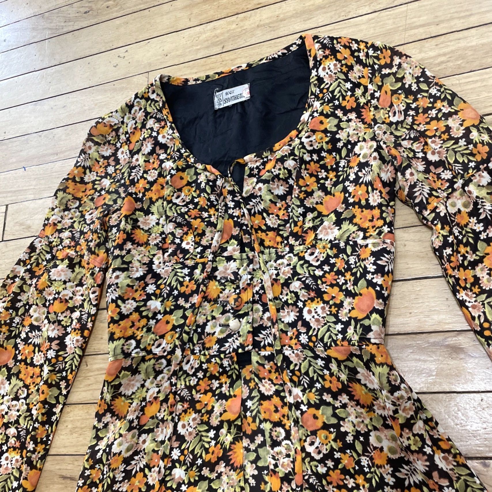 Bell VINTAGE 100% Synthetics VTG Tunic Women 38 Orange Green Floral Bell Sleeve 70s Hippie Shirt Size XS / US 0-2 / IT 36-38 - 3 Thumbnail