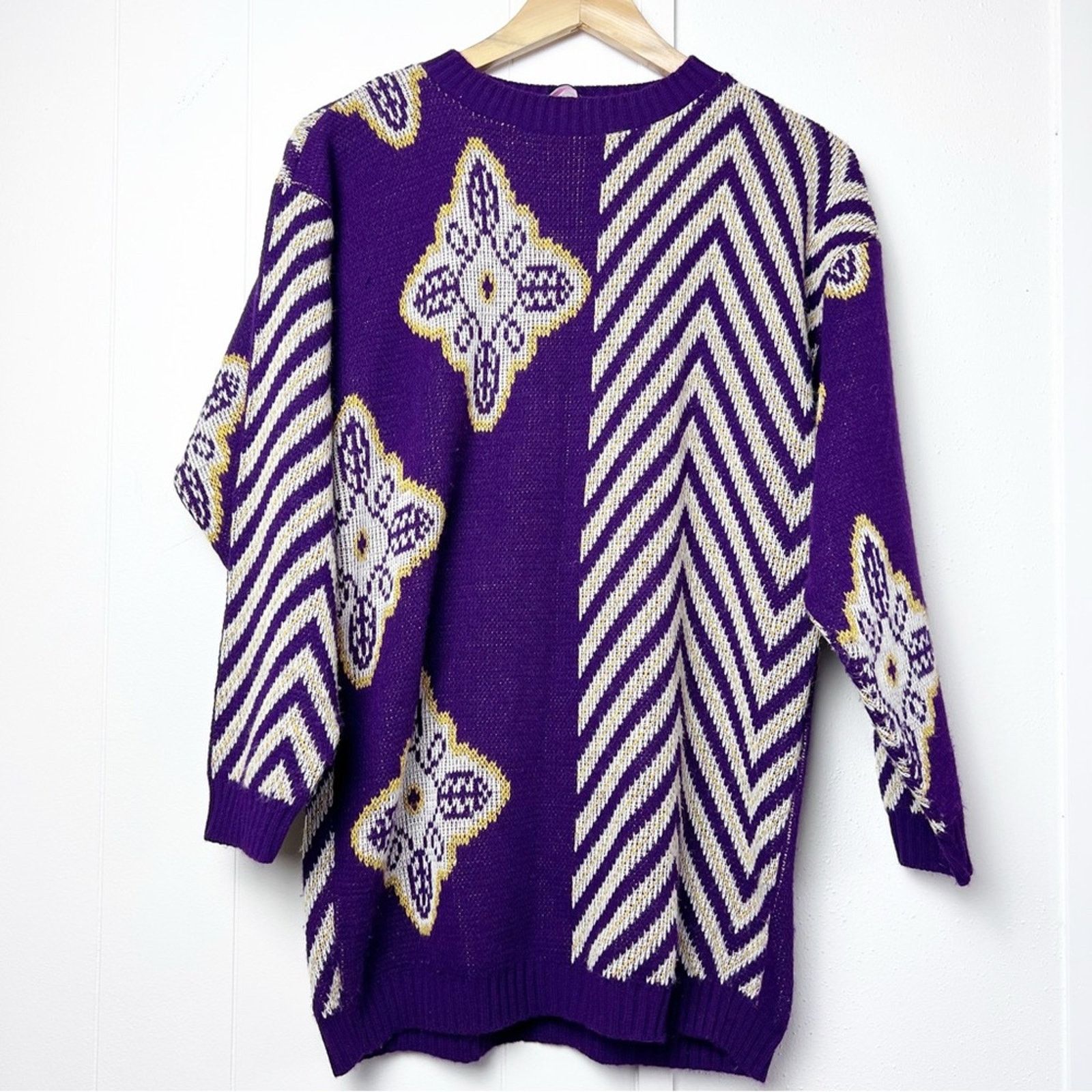 Vintage Vintage Purple Cream Oversized Pullover Sweater Women Small Size S / US 4 / IT 40 - 1 Thumbnail