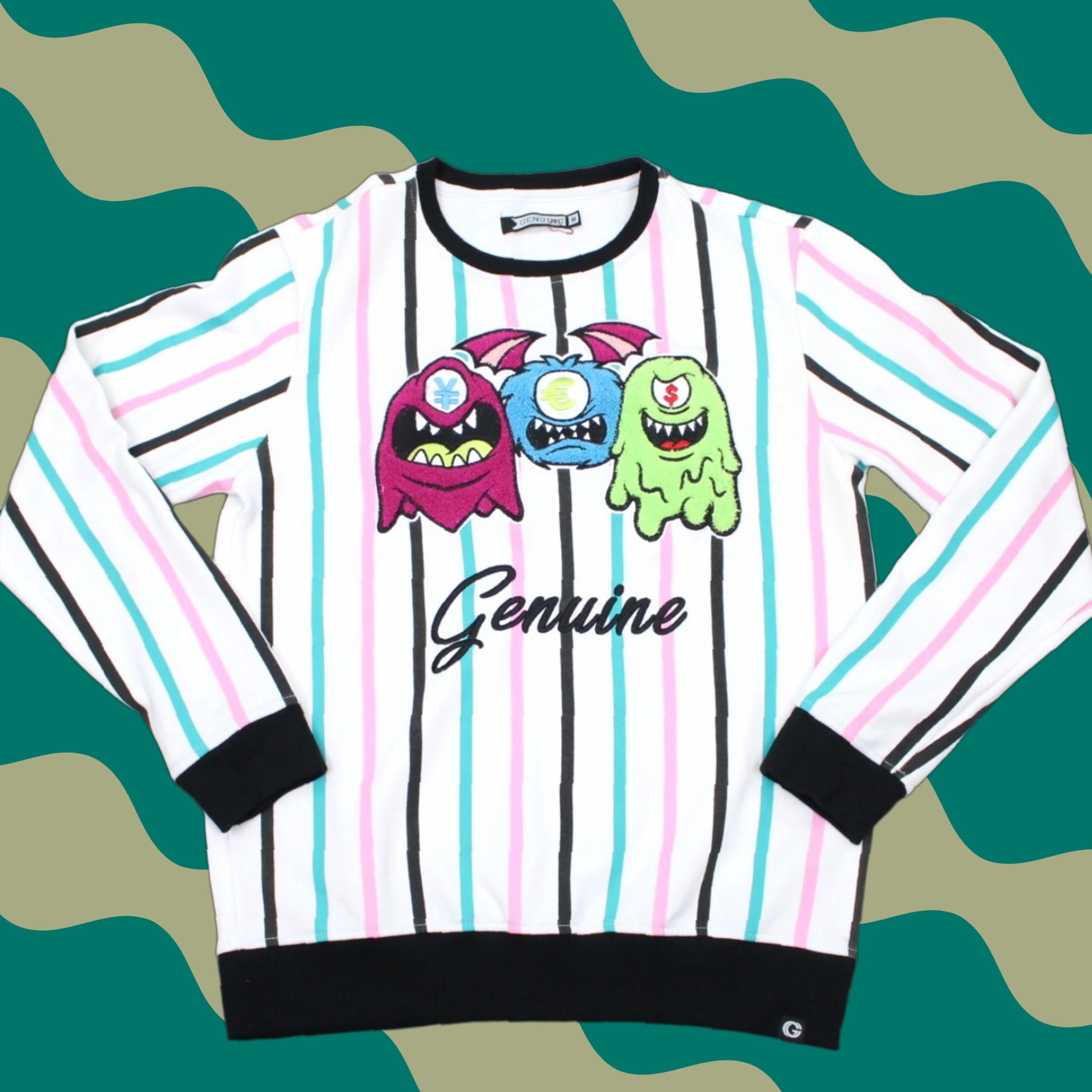 Vintage GNUN Mens Medium Pink & Blue Striped Sweatshirt Long Sleeve Pullover Crew Neck All Seasons Graphic Print White with Blue Accents Sports Theme Size US M / EU 48-50 / 2 - 1 Thumbnail