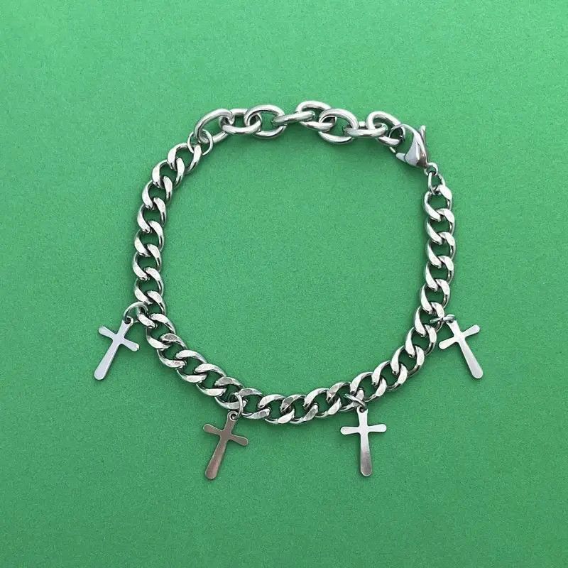 Designer × Jewelry Titanium Steel Link Chain Cross Charm Bracelet for Men Women Size ONE SIZE - 1 Thumbnail