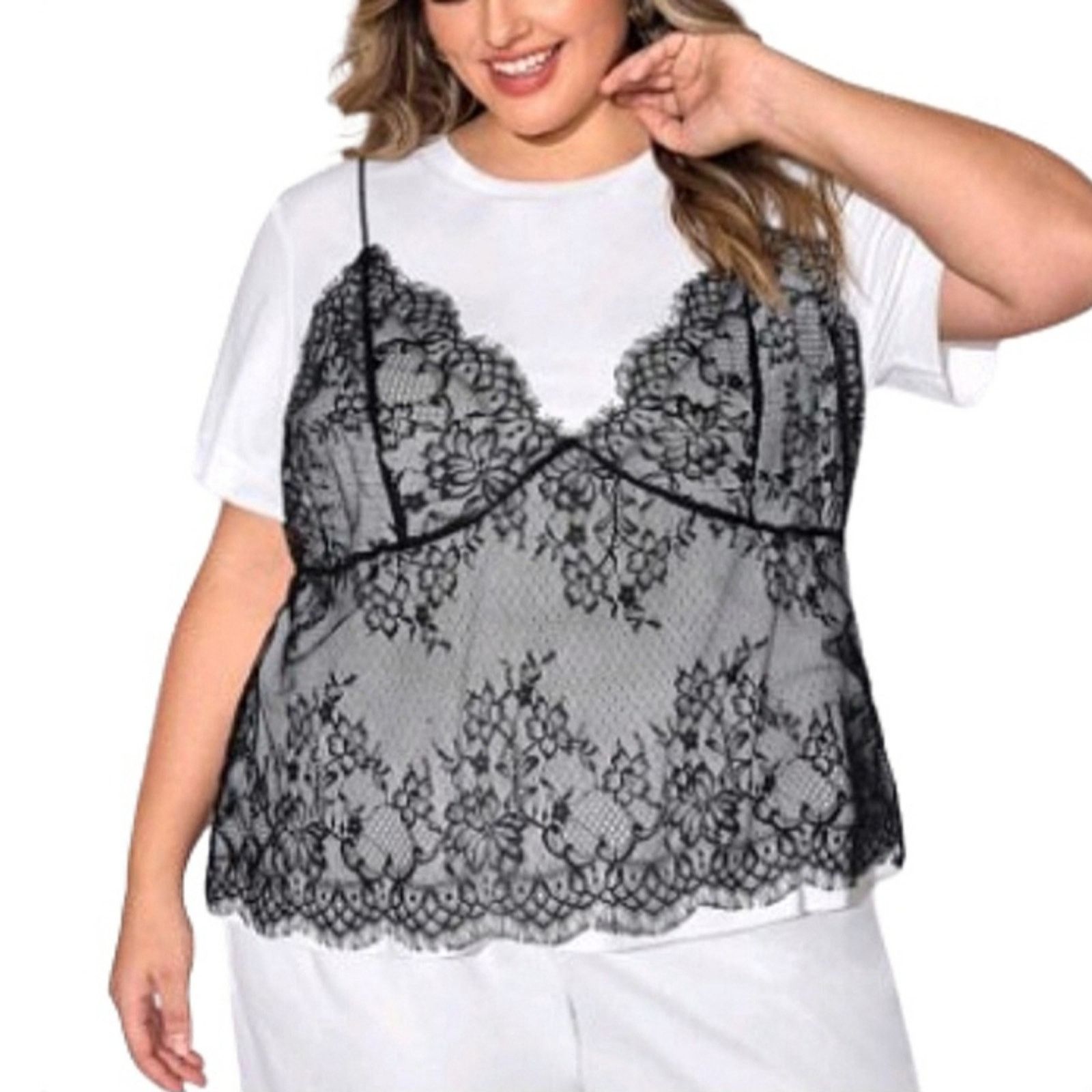 Shein Unique ☆ Crisp White Tee ☆ Black Lace Cami Overlay 4x ☆ NWT Size 4XL / US 24-26 - 2 Thumbnail