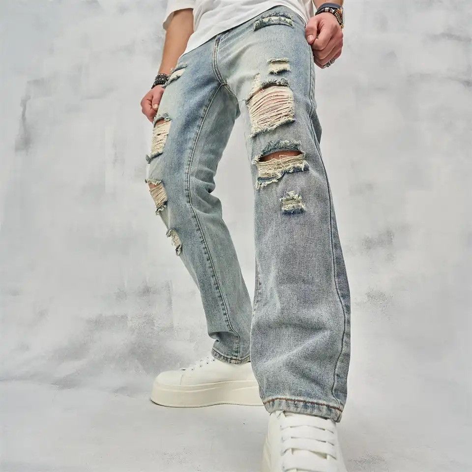 image of Vintage New Streetwear Men Simple Loose Ripped Straight Jeans in Blue (Size 36)