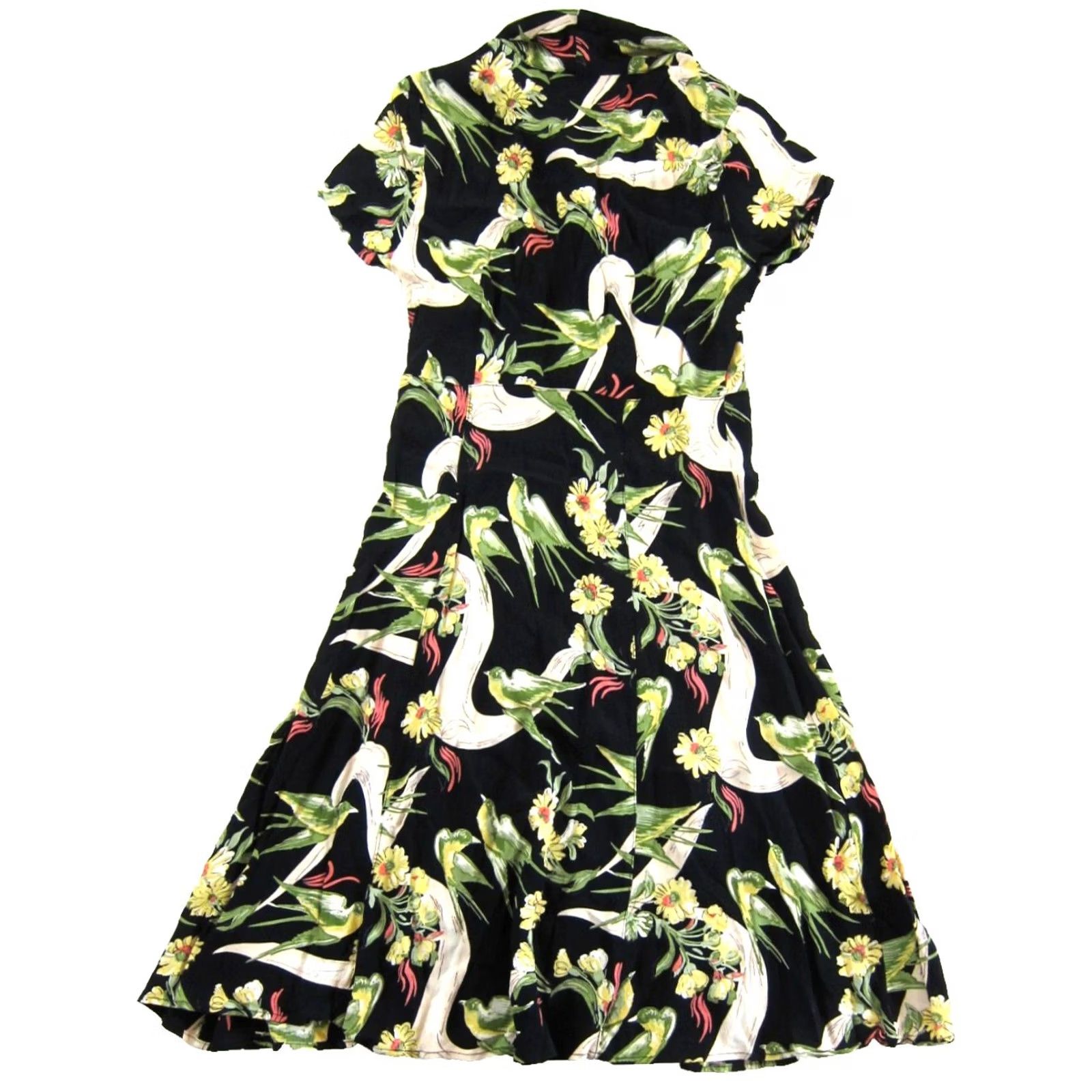 Pinko VINTAGE Diva Dollz Dress Shirt XS Black Floral Midi Short Sleeve Bird Green Purple Pink Bohemian 90s Style Mens Womens Girls Boys Size 26" / US 2 / IT 38 - 2 Thumbnail
