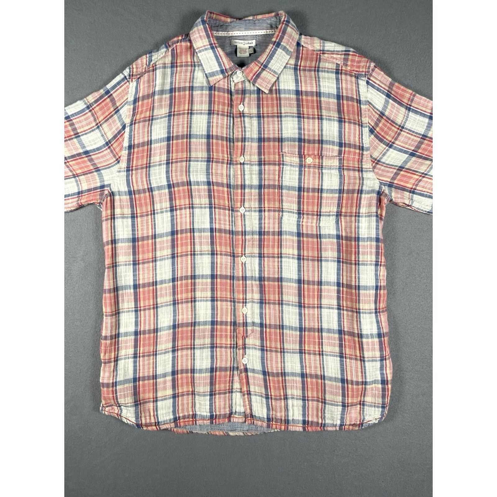 Carbon VINTAGE Carbon 2 Cobalt Shirt Mens Large Red Plaid Button-Up Long Sleeve Chambray Linen/Cotton Grunge Size US L / EU 52-54 / 3 - 4 Thumbnail