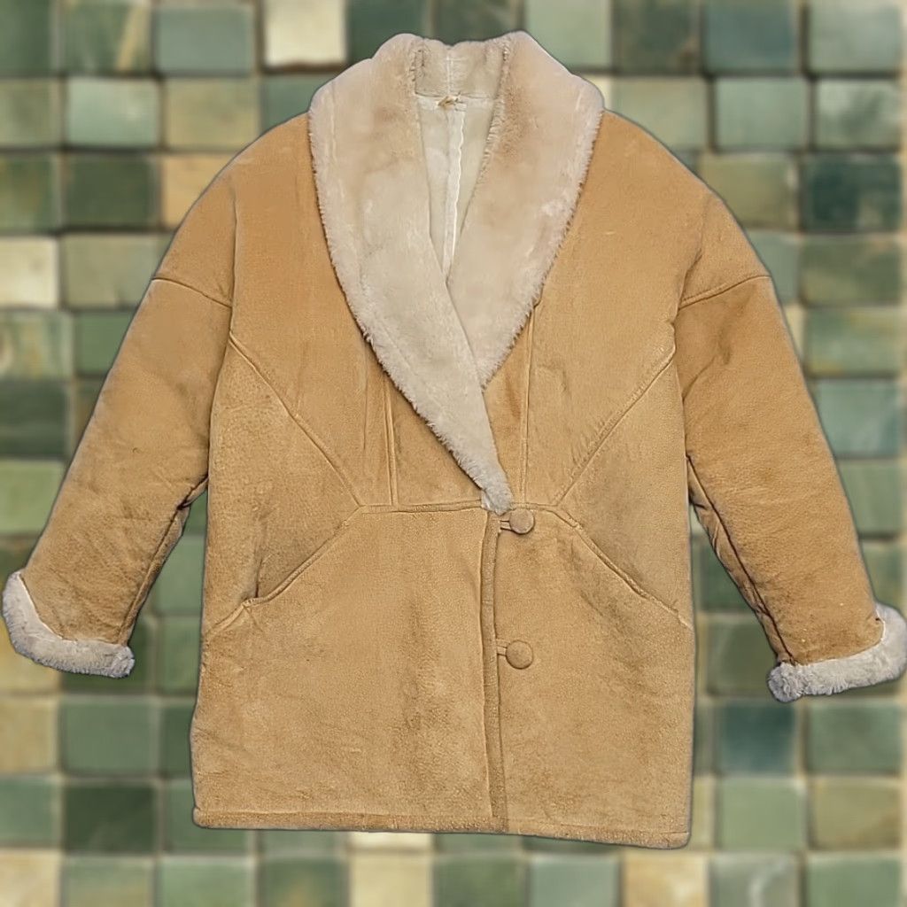 VINTAGE Jones JNY Coat Womens Small Brown Suede Leather Faux Shearling Western Boho Jacket
