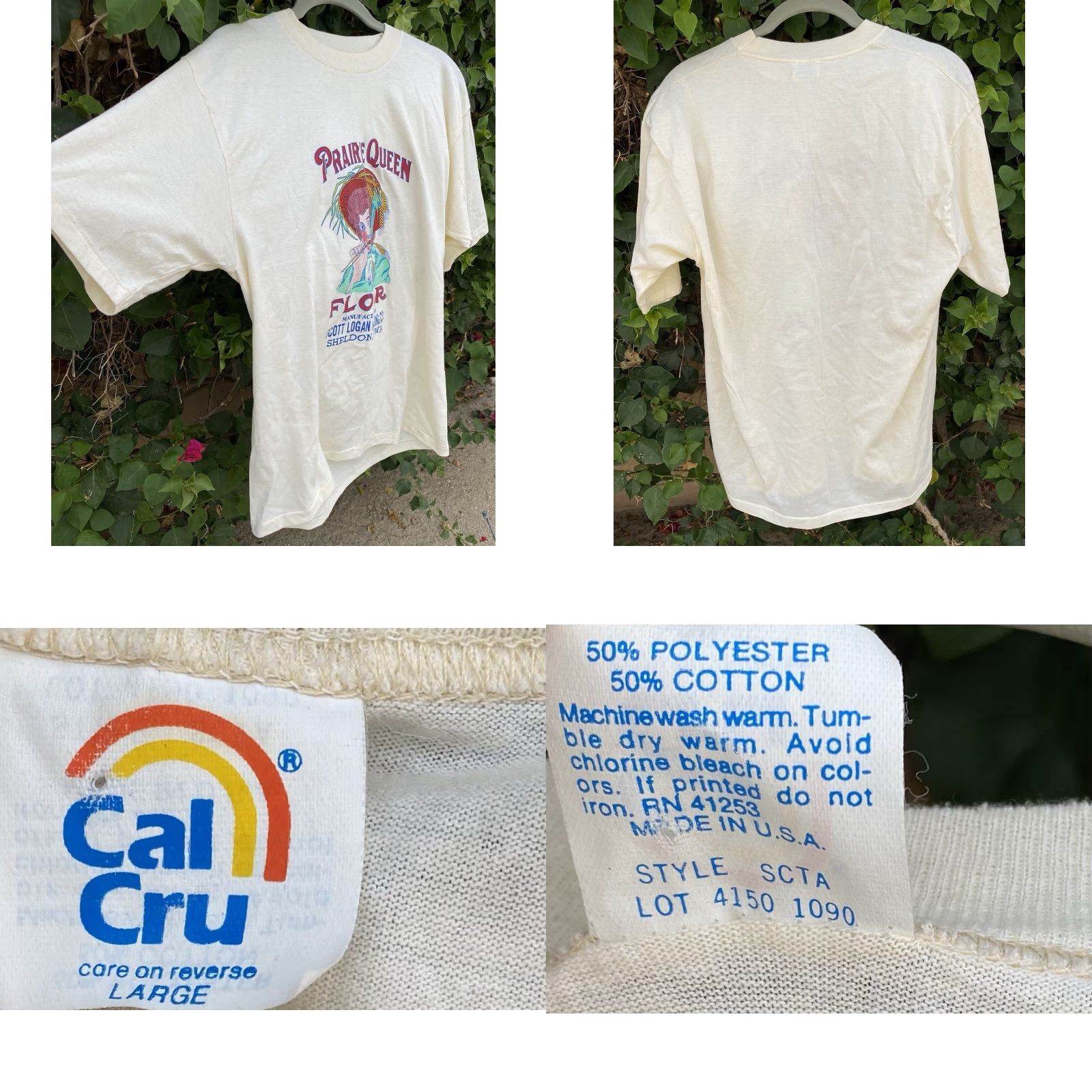Vintage Vintage Cal Cru Prairie Queen Flour Sheldon Iowa T Shirt Single Stitch L Ivory Polyester Blend Men Short Sleeve Size US L / EU 52-54 / 3 - 8 Thumbnail