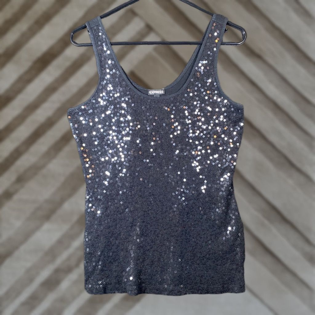 Express Express Shirt Womens Black Sequin Tank Top 100% Cotton Large Crew Neck Sleeveless Casual Workwear Size L / US 10 / IT 46 - 1 Thumbnail