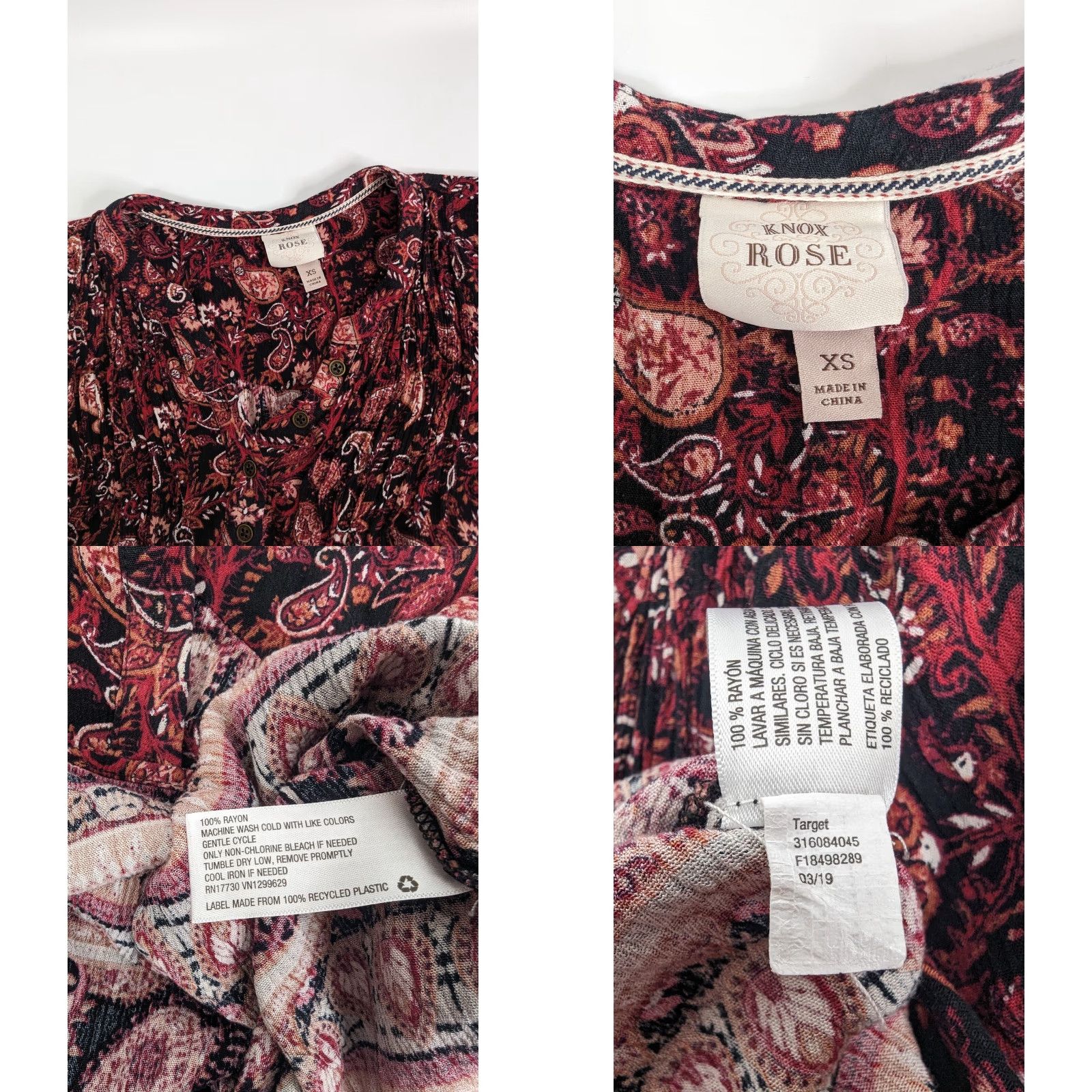 Vintage KNOX ROSE Shirt Womens XS Maroon Paisley Peasant Top Boho Pleat Front Size XS / US 0-2 / IT 36-38 - 8 Thumbnail