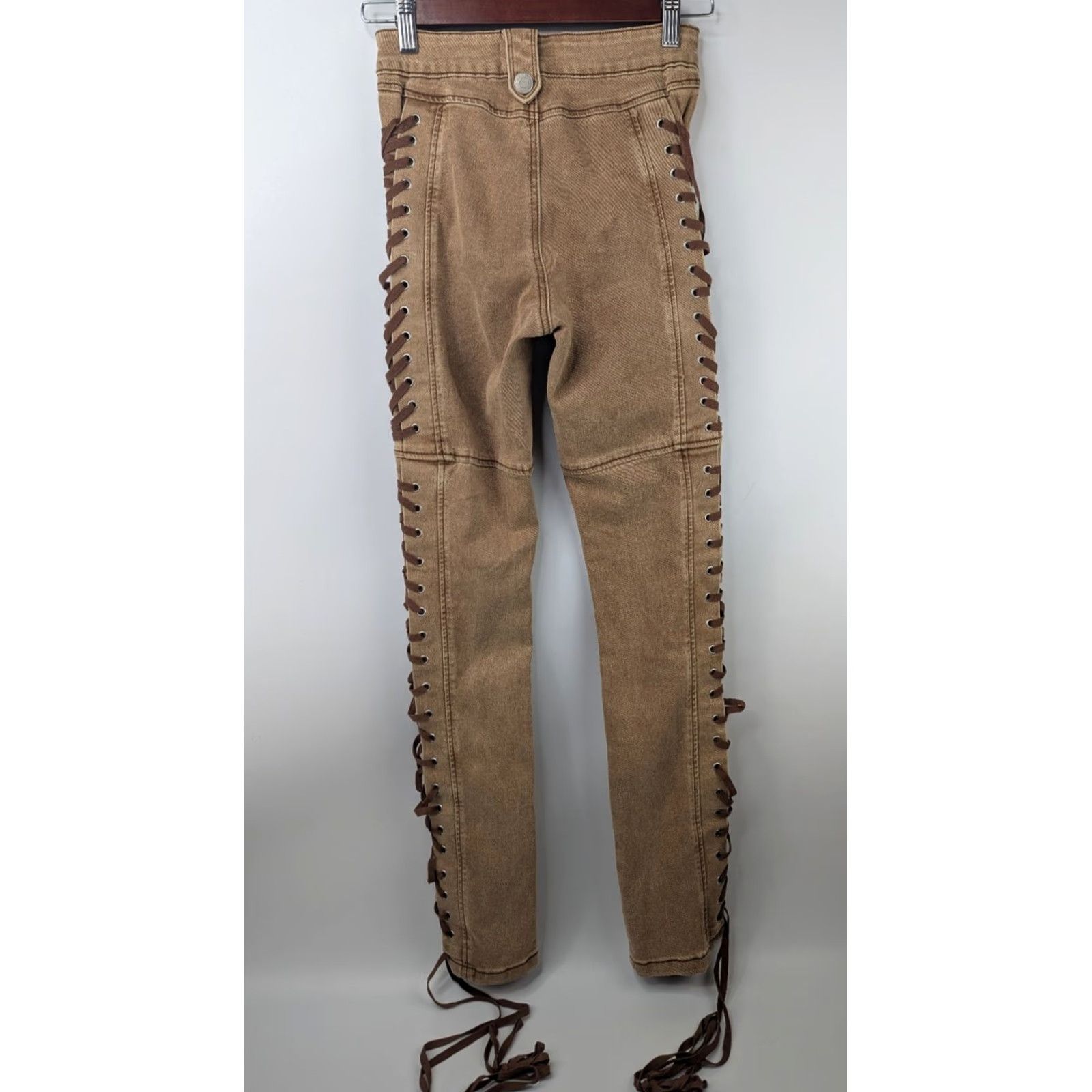 Vintage Rise Supply Co. Full Lace-up Expandable Sides Pants Y2K Western Hippie Khaki Tan 1 Denim Cotton Lyocell Polyester Teens Mens Womens Boys Girls Size 25" / US 0 / IT 36 - 6 Thumbnail