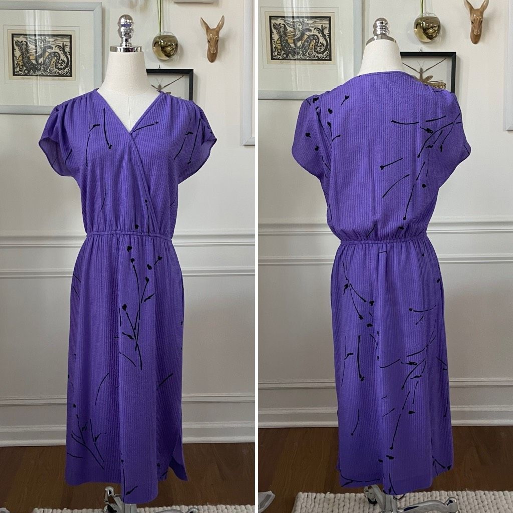 Vintage Vintage 80s Sue Brett Purple Black Cross Front Dress Abstrac Size M / US 6-8 / IT 42-44 - 1 Thumbnail