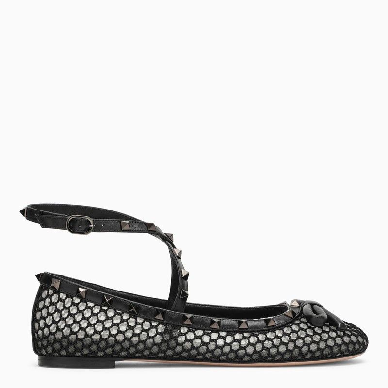 image of Valentino Garavani Black Mesh Rockstud Ballerina Shoes, Women's (Size 10)