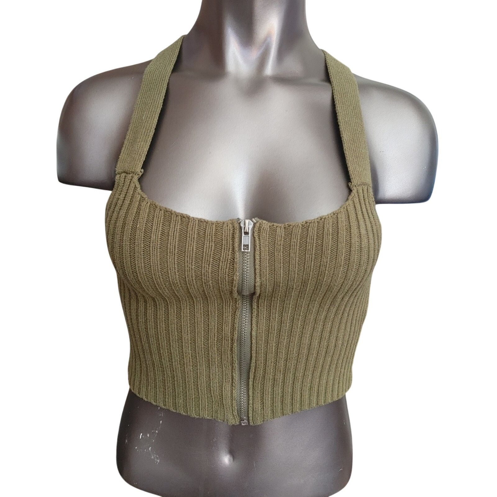 Other Women's M Olive Green Wool Knit Zip Front T-Back Crop Top Size M / US 6-8 / IT 42-44 - 1 Thumbnail