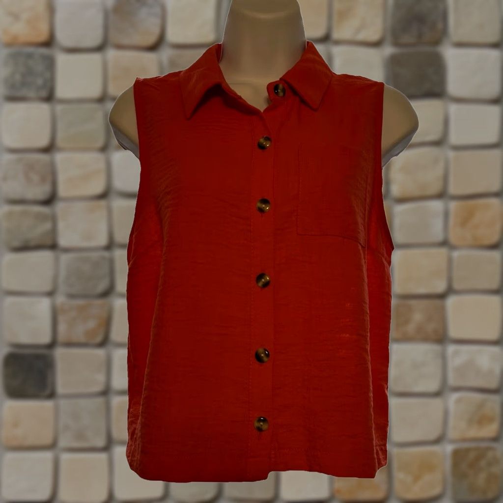 Vintage Monteau Los Angeles Tank Top Shirt Women Medium Coral Sleeveless Button Up Collared Knit Polyester Casual Party/Cocktail Womens Size M / US 6-8 / IT 42-44 - 1 Thumbnail