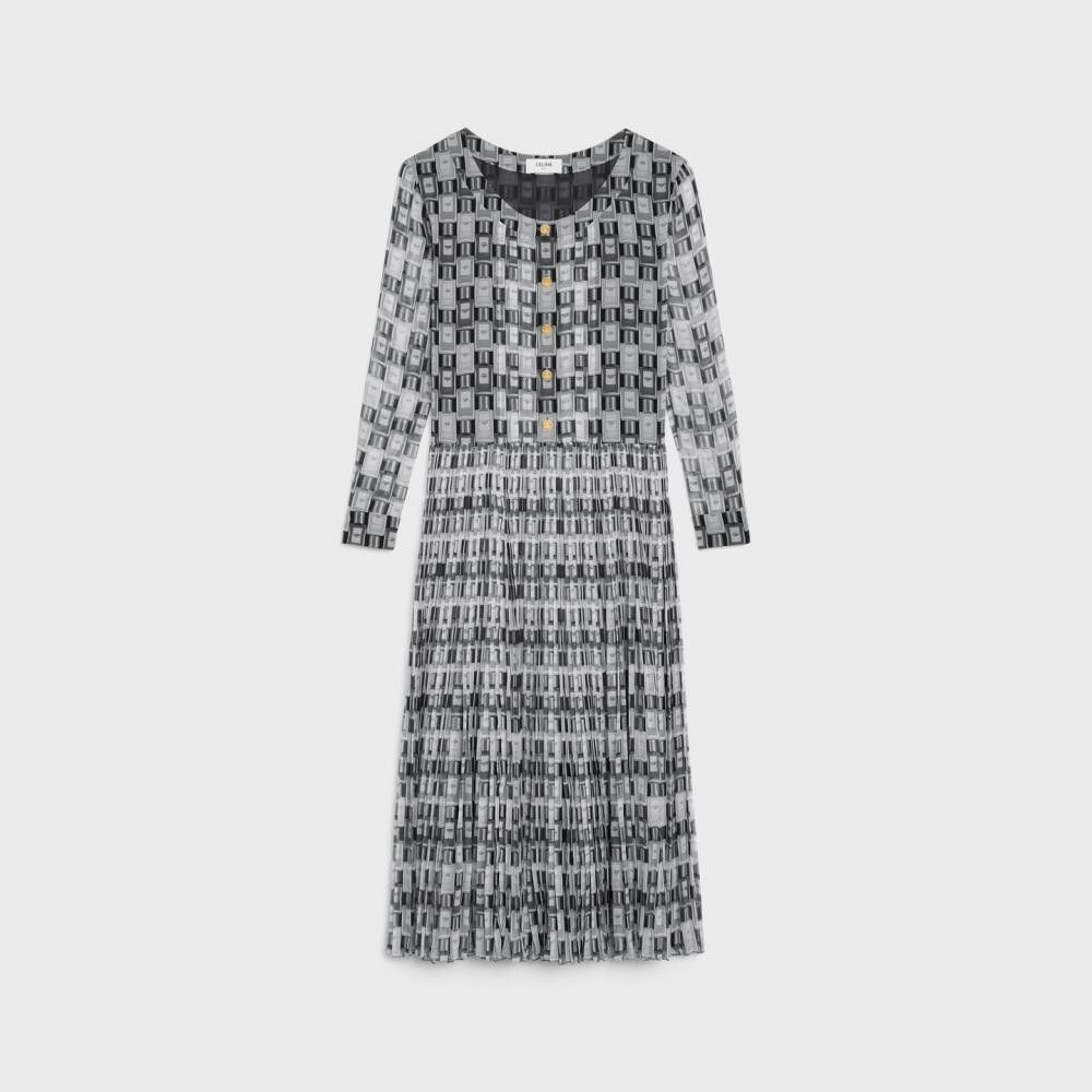 image of Celine O1W1Db10324 Pleated Dress In Black/grey in Black Grey, Women's (Size XL)