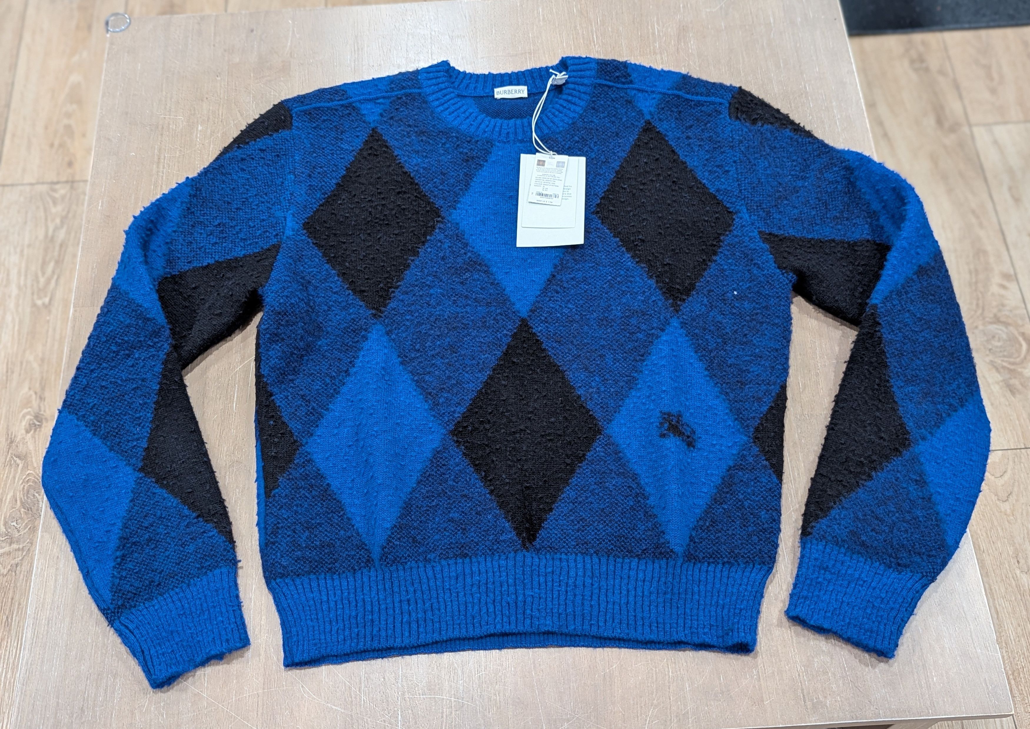 Burberry Argyle Check EKD Wool Crewneck Sweater Blue Medium