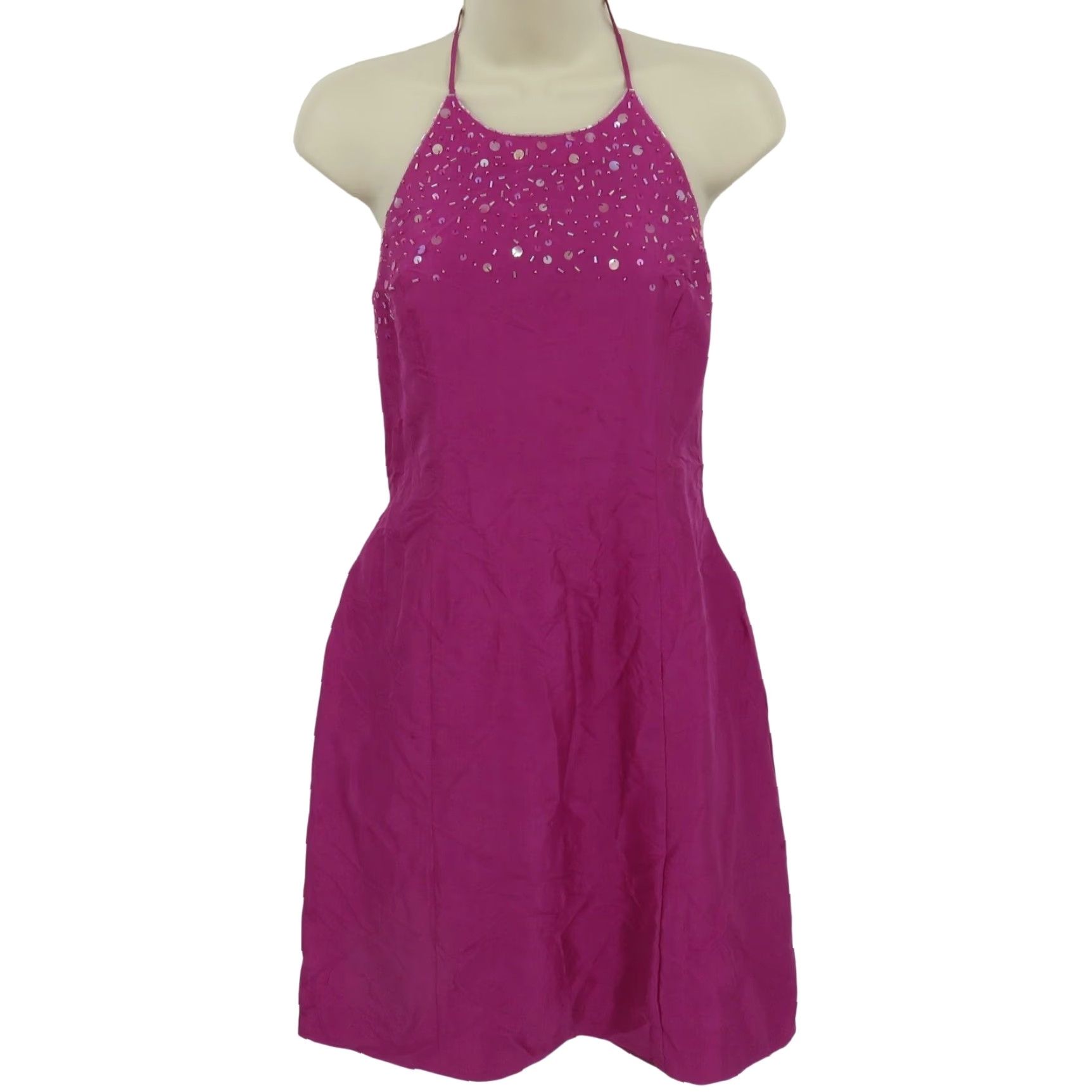 Ann Taylor VINTAGE Ann Taylor Women Petite 4P Pink Crinkle Silk Beaded Sequin Halter Sheath Dress Shirt Dress? Size S / US 4 / IT 40 - 2 Thumbnail