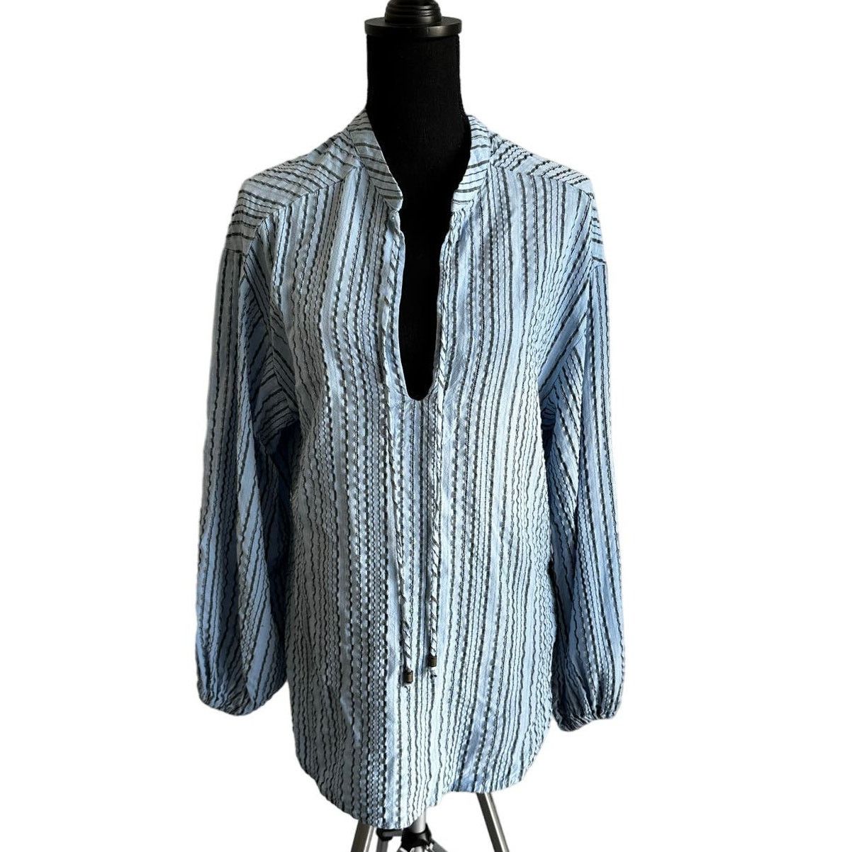 Free People Free People Blue and Gray Stripped Oversized Blouse Sz XS Size XS / US 0-2 / IT 36-38 - 4 Thumbnail