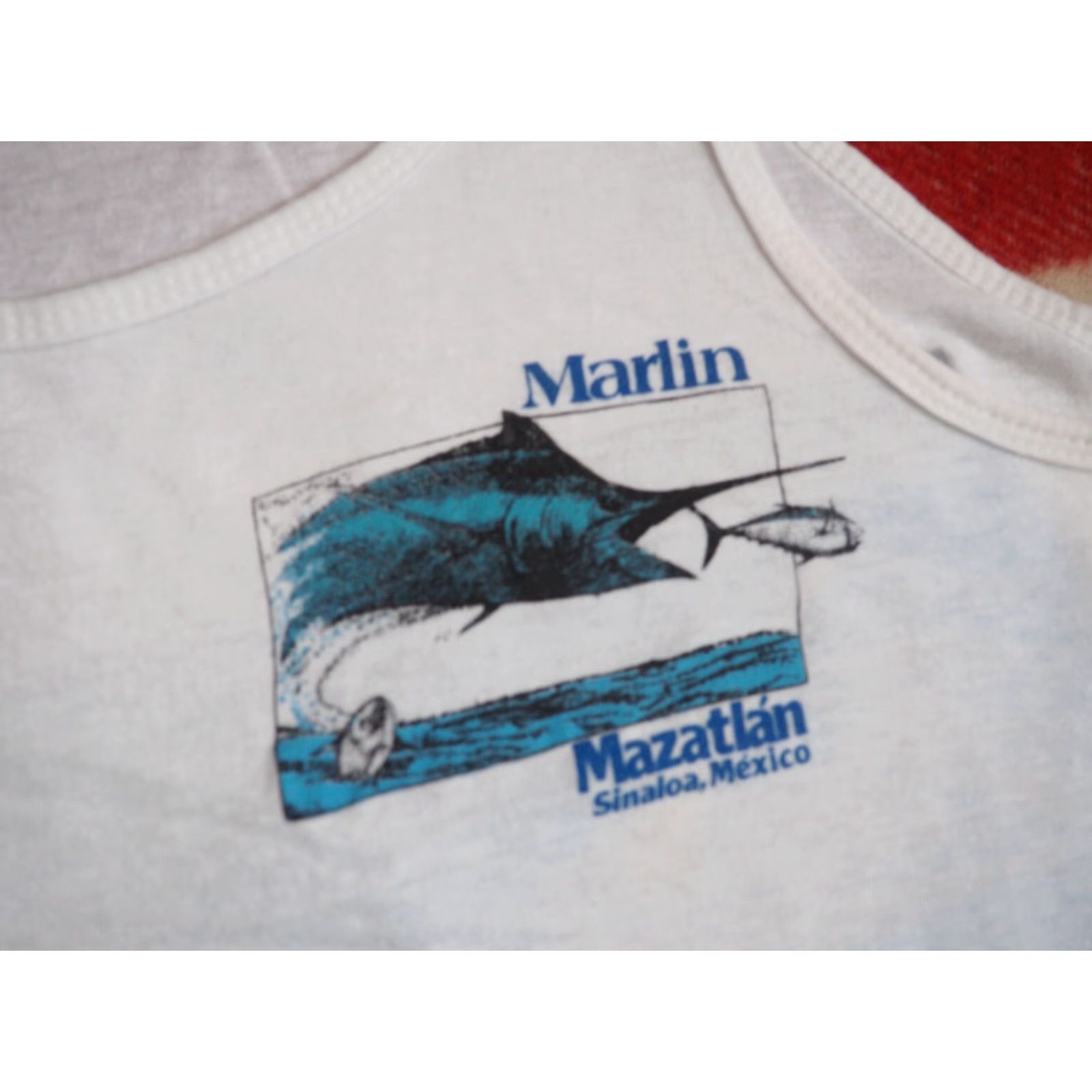 Vintage VTG 80s Fajer Mazatlan Mexico Marlin Fish Tuna Art White Tank Top T-Shirt M Mens Cotton Sleeveless Graphic Tee 1980s Size US M / EU 48-50 / 2 - 8 Thumbnail