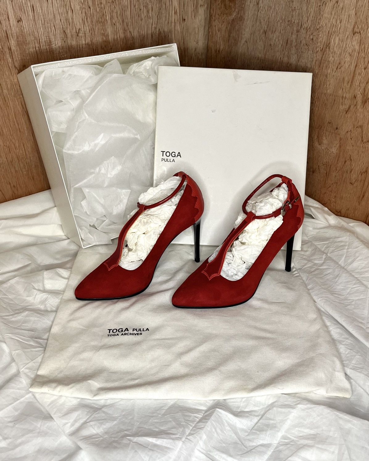 Toga Pulla Toga Pulla Red Suede T-Bar Stiletto Pumps Size US 6 / IT 36 - 1 Thumbnail
