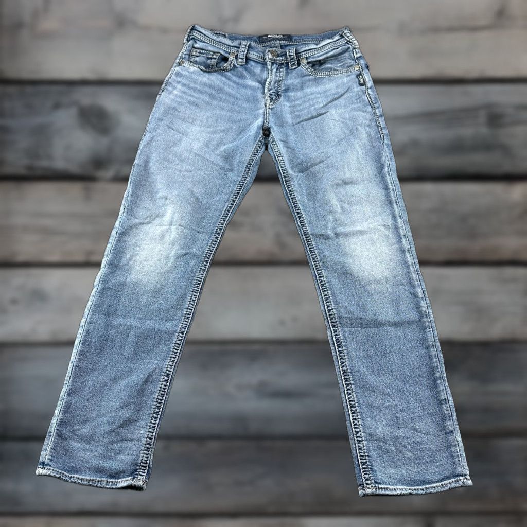 Silver Jeans Co. Silver Jeans Mens 30x32 Jeans Blue Regular Straight Distressed 5-Pocket Denim Cotton Polyester Size US 30 / EU 46 - 1 Thumbnail