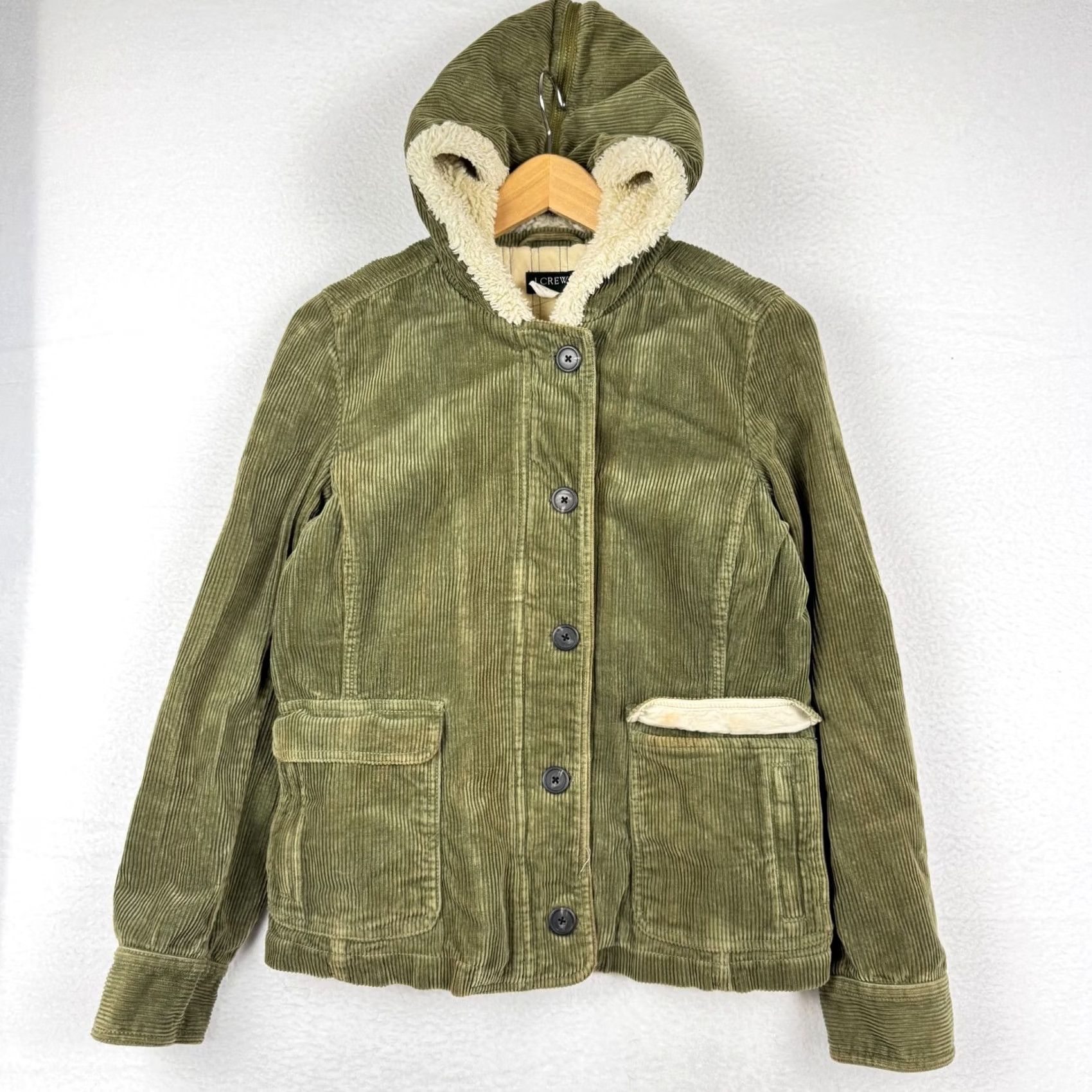 J.Crew VTG J.CREW Women's M Corduroy Jacket Hood/Collar Sherpa Lined Green Utility Coat Size M / US 6-8 / IT 42-44 - 2 Thumbnail