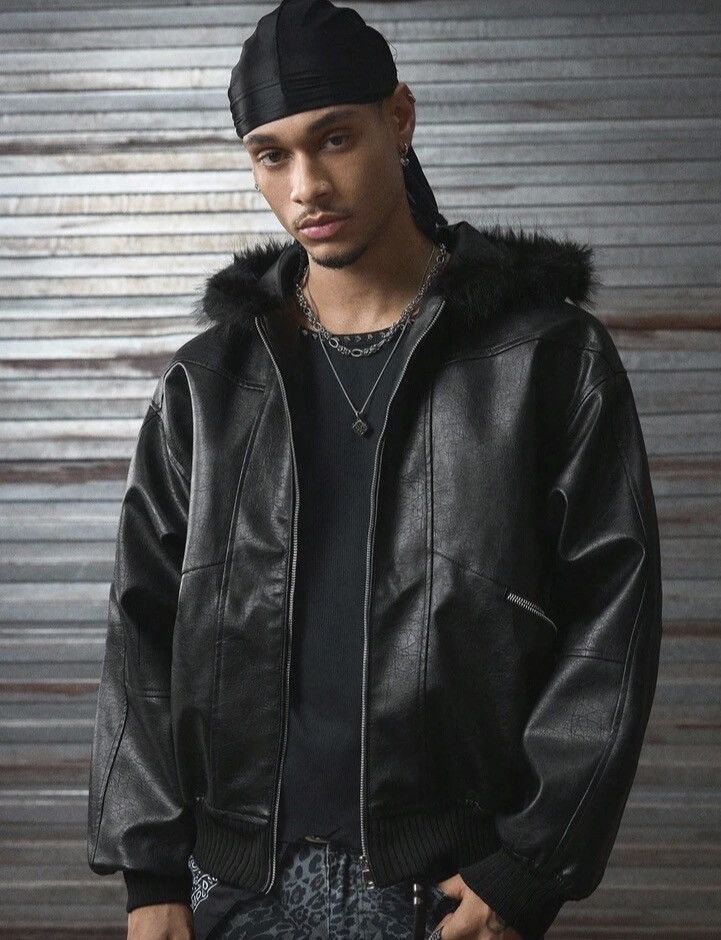 Japanese Brand Black Faux Leather Bomber Jacket with Fur Lining Size US XL / EU 56 / 4 - 1 Thumbnail
