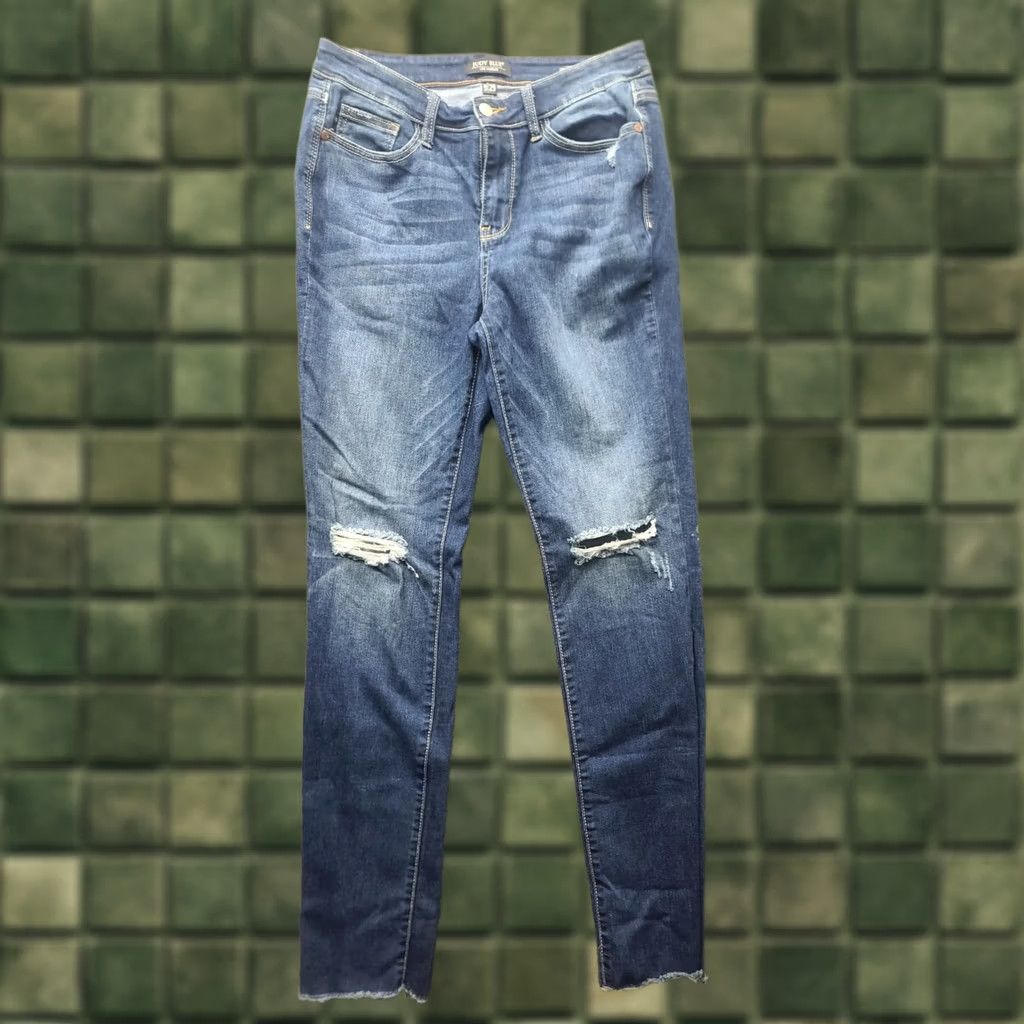Vintage Judy Blue Jeans Womens 29x33 Straight Fit Ankle Mid Rise Distressed Raw Hem Denim Blue Jeans Size 29" - 1 Thumbnail