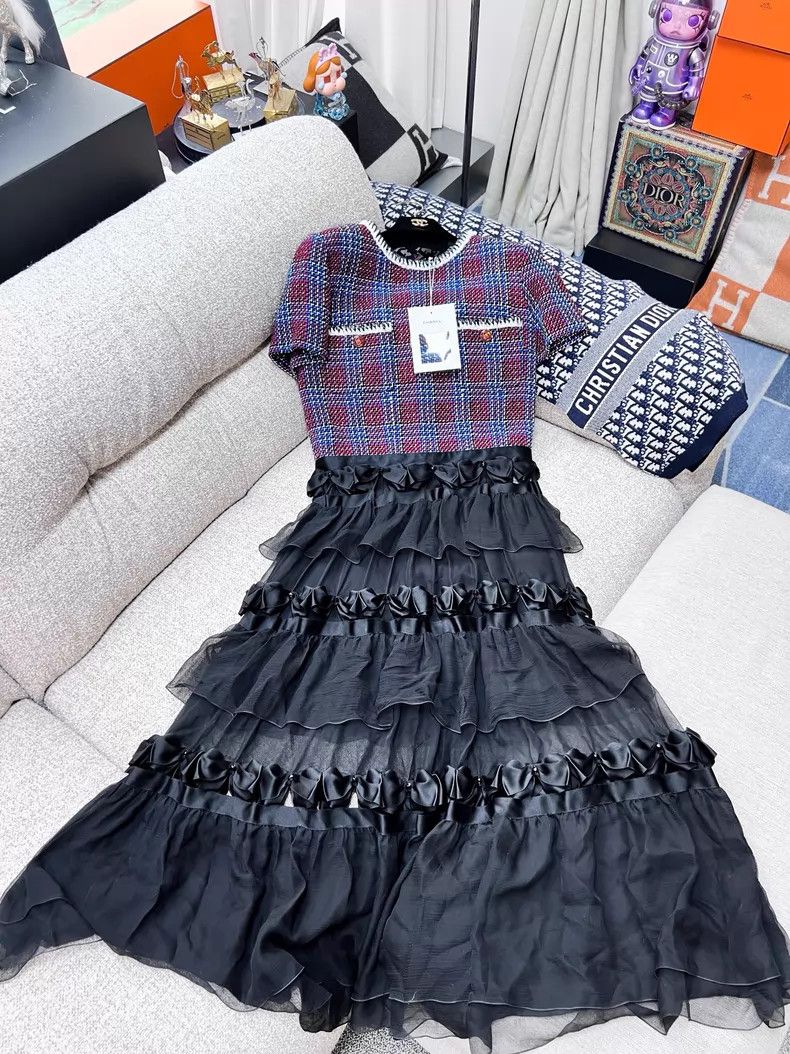Chanel Chanel Plaid short-sleeved stitching bow mulberry silk dre Size S / US 4 / IT 40 - 2 Thumbnail