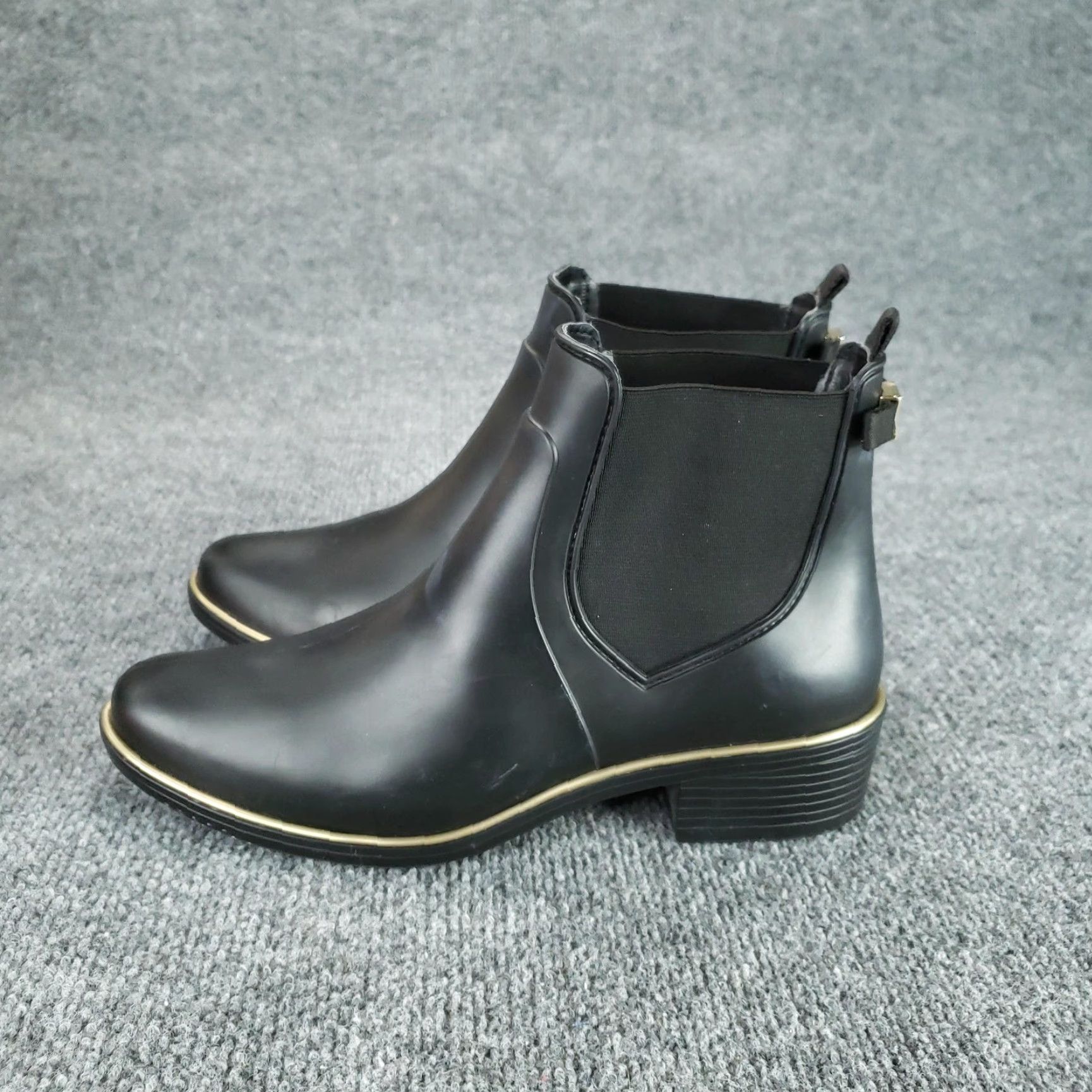 Rains Kate Spade Boots Women's 9 Solstice Chelsea Rain Ankle Black PVC Rubber Leather Outsole Synthetic Fabric Upper Block Heel Pull On Style Chelsea Boots Size US 9 / IT 39 - 4 Thumbnail