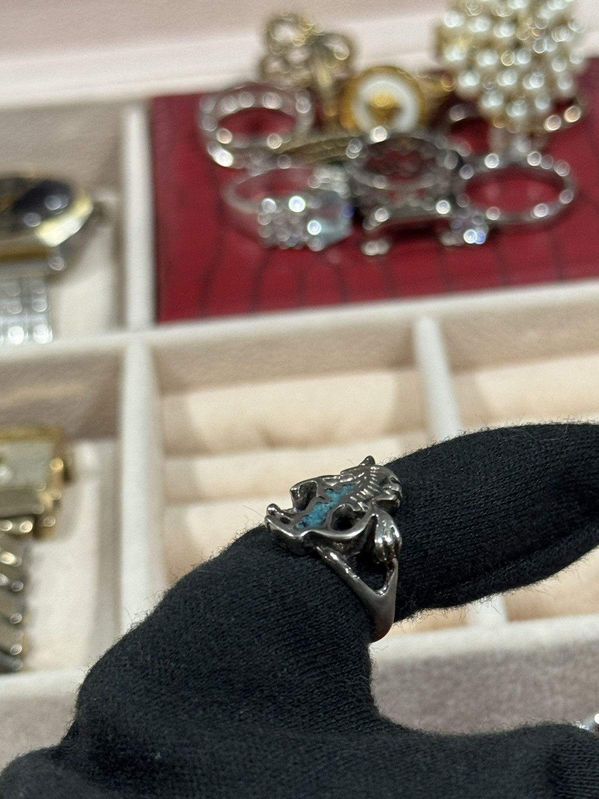 Sterling Silver Vintage 80s Brutalist Sterling Silver Turquoise Inlay Ring Size ONE SIZE - 6 Thumbnail