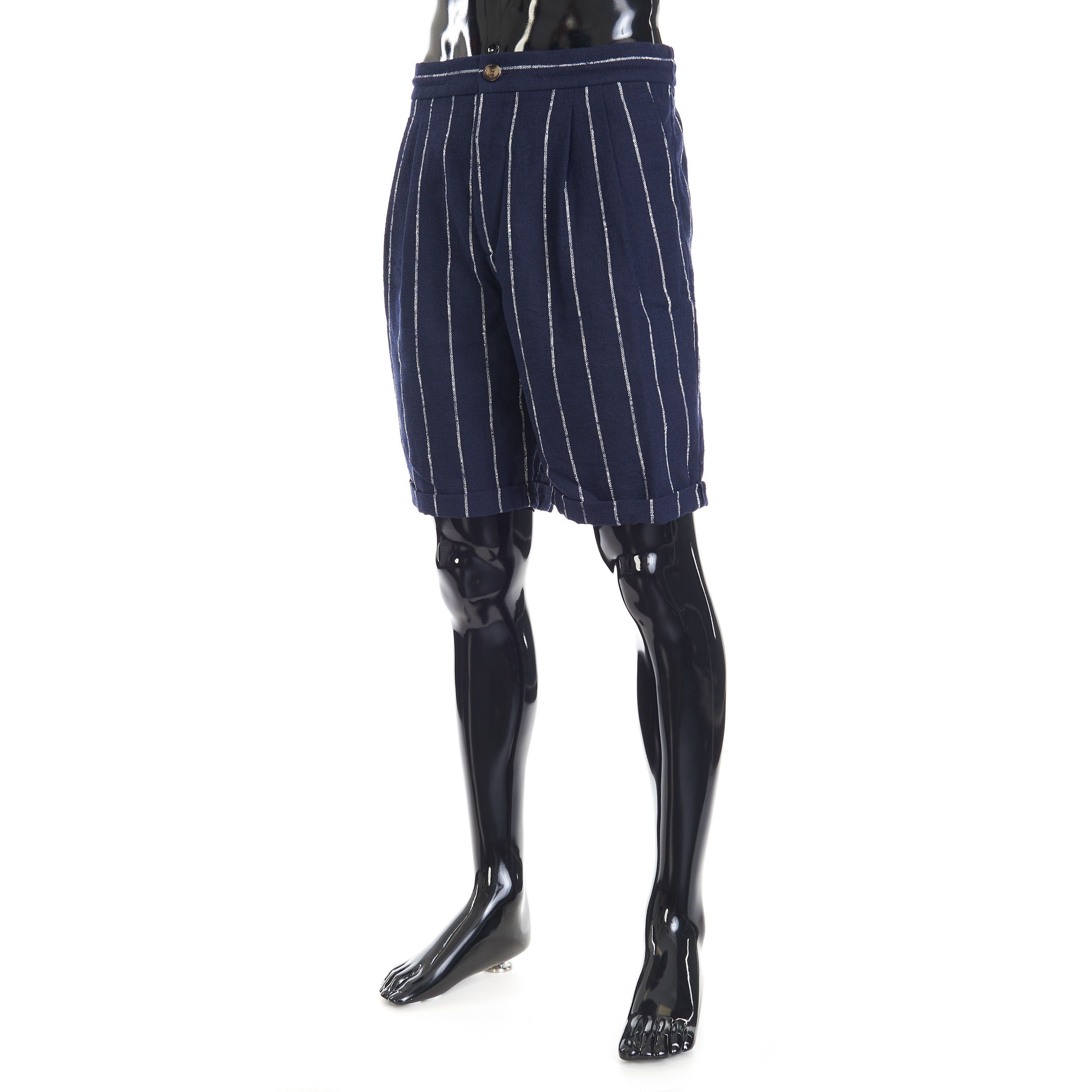 Brunello Cucinelli Navy Blue Chalk Stripe Bermuda Shorts - Drawstring, Pleats Size US 34 / EU 50 - 2 Thumbnail