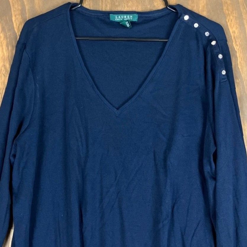 Ralph Lauren Lauren Ralph Lauren Womens Shirt Blue V Neck Thin Long Sleeve 2X 100% Cotton Button Pullover Casual Workwear FALL SPRING WINTER Ladies Size XXL / US 16-18 / IT 52-54 - 2 Thumbnail