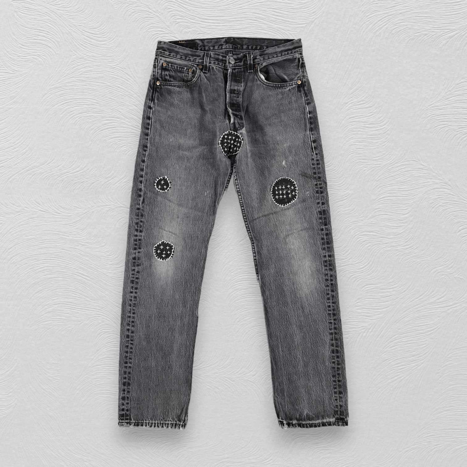 Vintage Levis 501 Jeans Patchwork Faded Black Denim KJ726