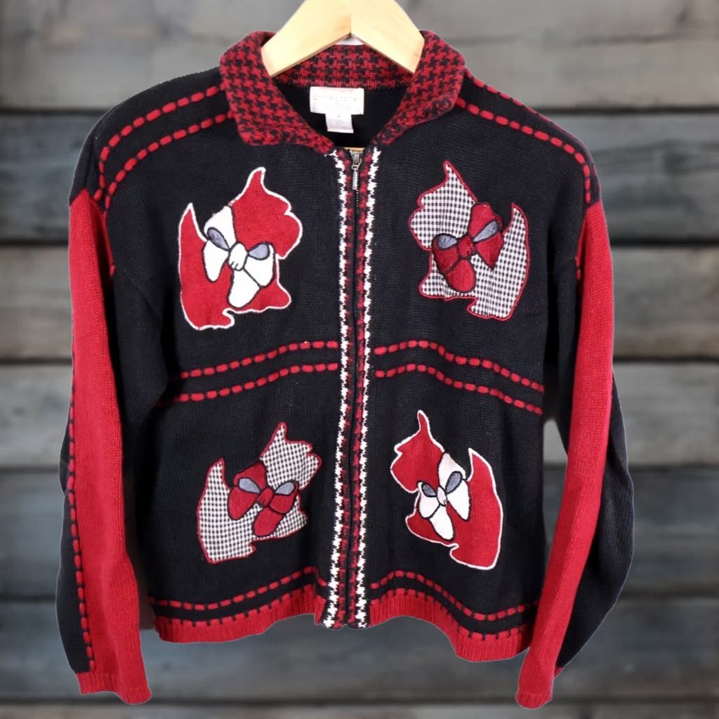 Vintage VINTAGE Scottie Terrier Motif Zip Cardigan Women's Medium Black Red Chunky Knit Sweater Size M / US 6-8 / IT 42-44 - 1 Thumbnail