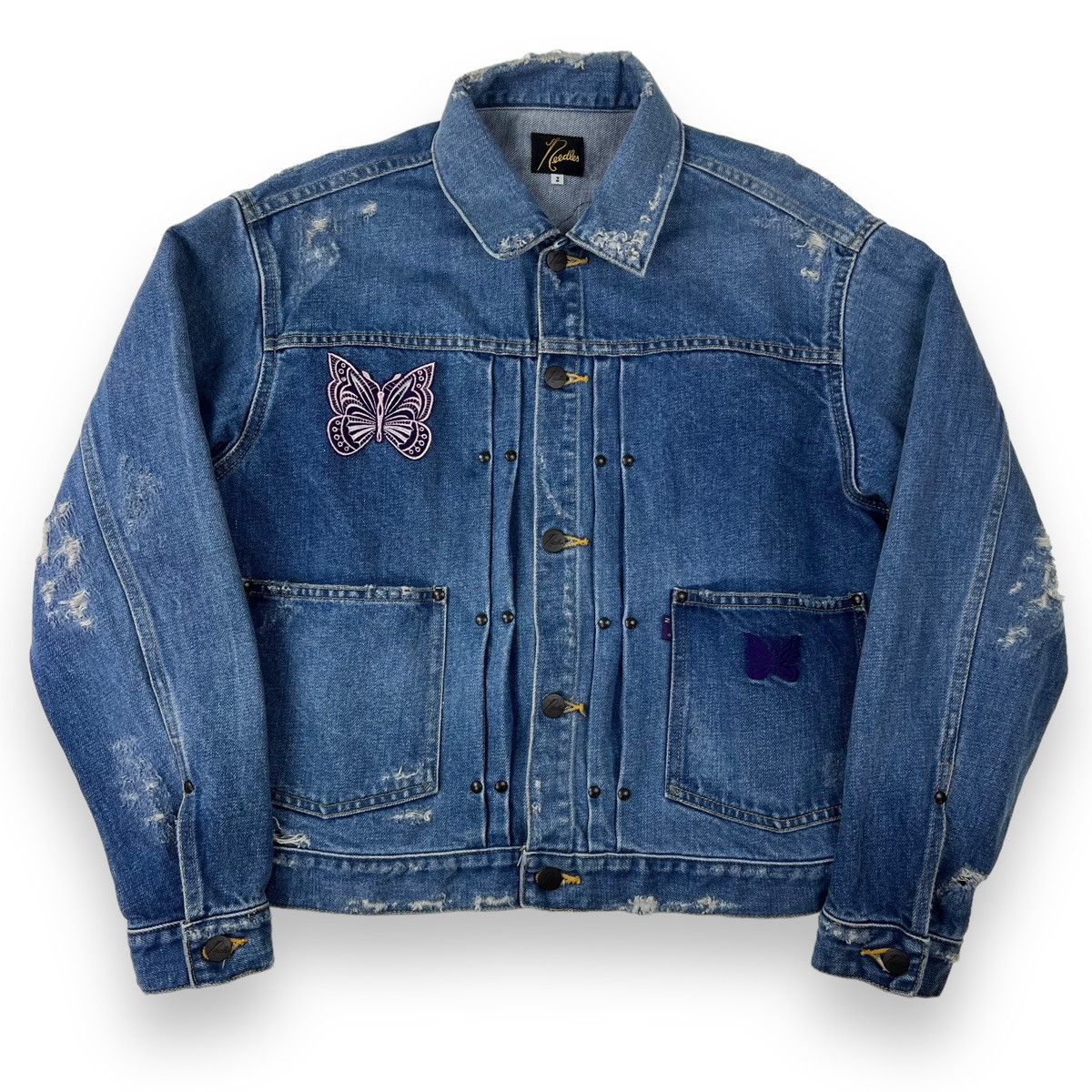 Image of Needles Butterfly Distressed Women’S Denim Jacket in Blue, Women's (Size Small)