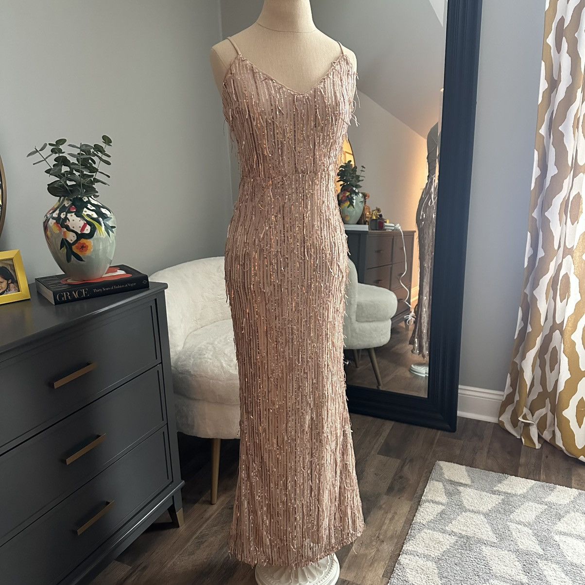 Lulus Rose Gold Sequin Fringe Lace-up Maxi Dress