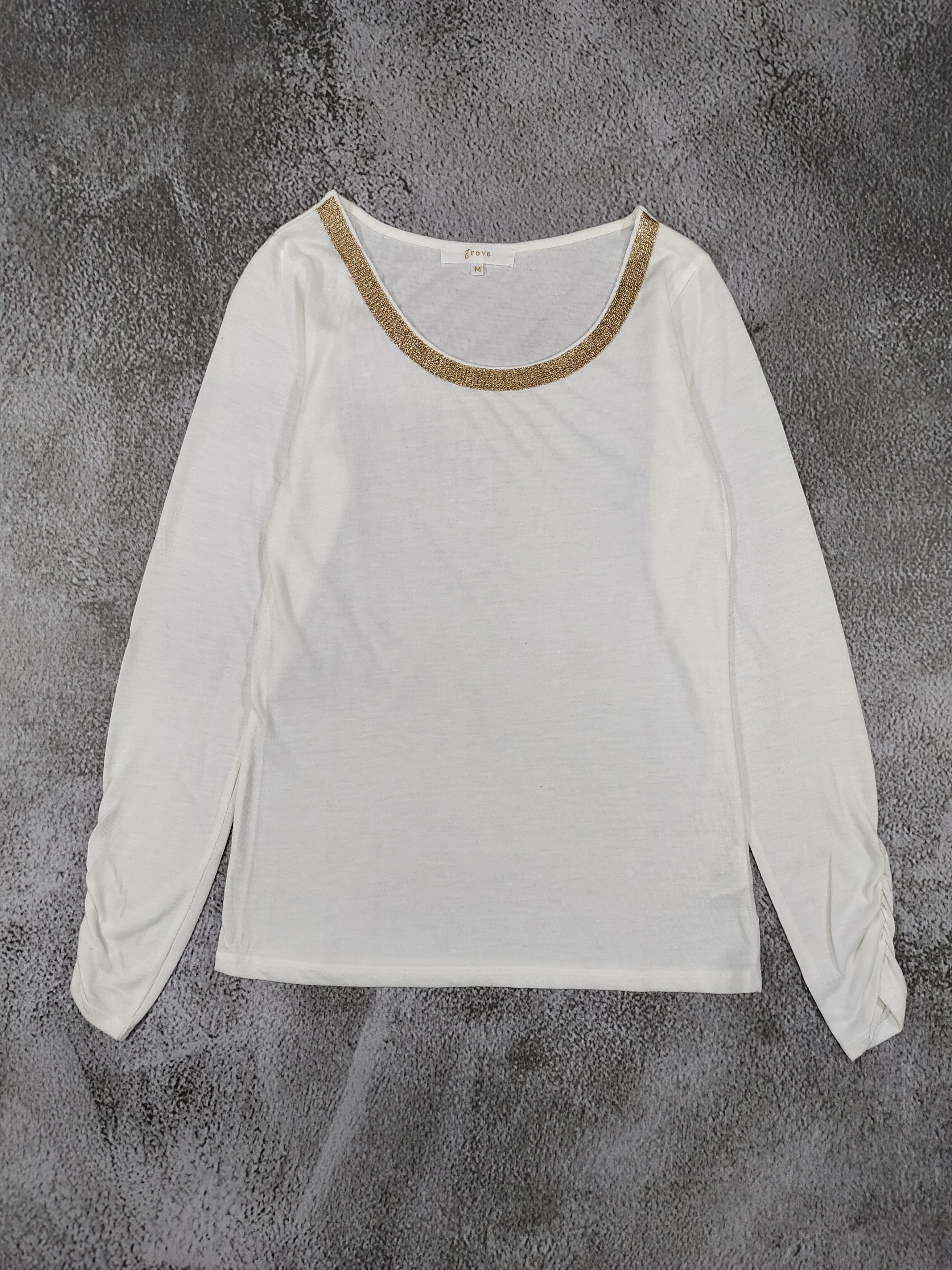 Japanese Brand GROVE🇯🇵 Gold Trim Scoop Neck Rayon Blend Long Sleeve Size M / US 6-8 / IT 42-44 - 5 Thumbnail