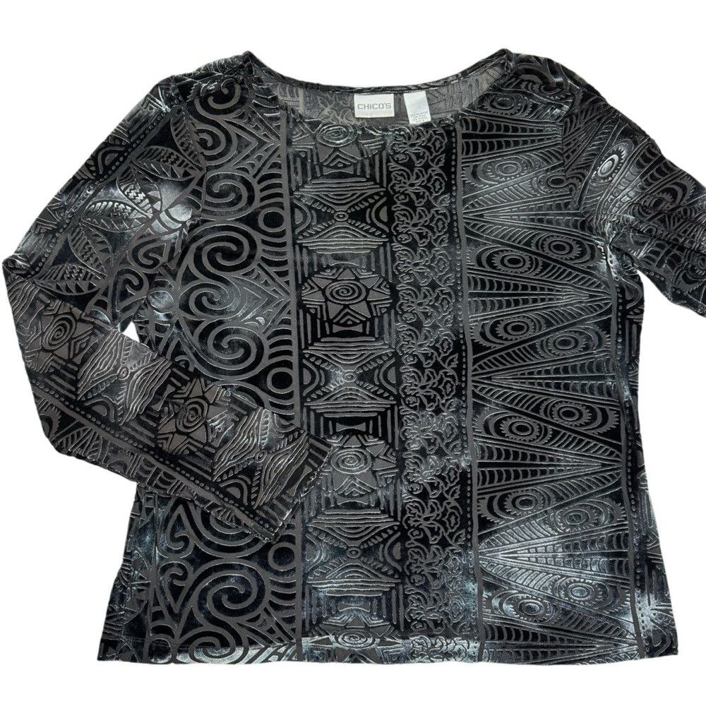 Chicos Chicos Velvet Burnout Blouse Dark Grey Long Sleeve Top Size Size L / US 10 / IT 46 - 5 Thumbnail