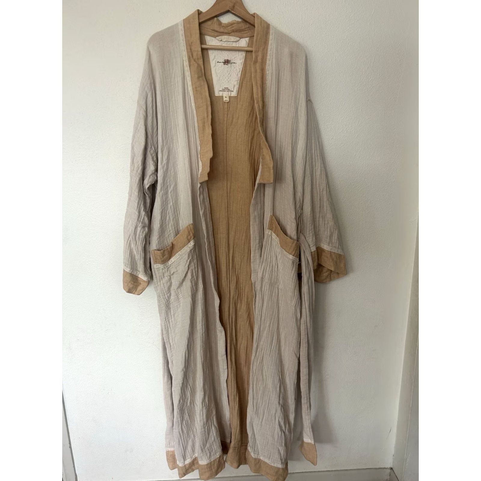 Harrods DANIEL HANSON Robe Unisex Adults XL Beige 100% Cotton Muslin Lace Belted Tie long Sleeve Size ONE SIZE - 6 Thumbnail
