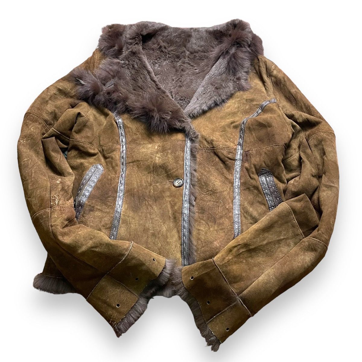 If Six Was Nine VINTAGE SPANISH RABBIT SHEEP LEATHER BLUE FOX FUR JACKET Size M / US 6-8 / IT 42-44 - 8 Thumbnail