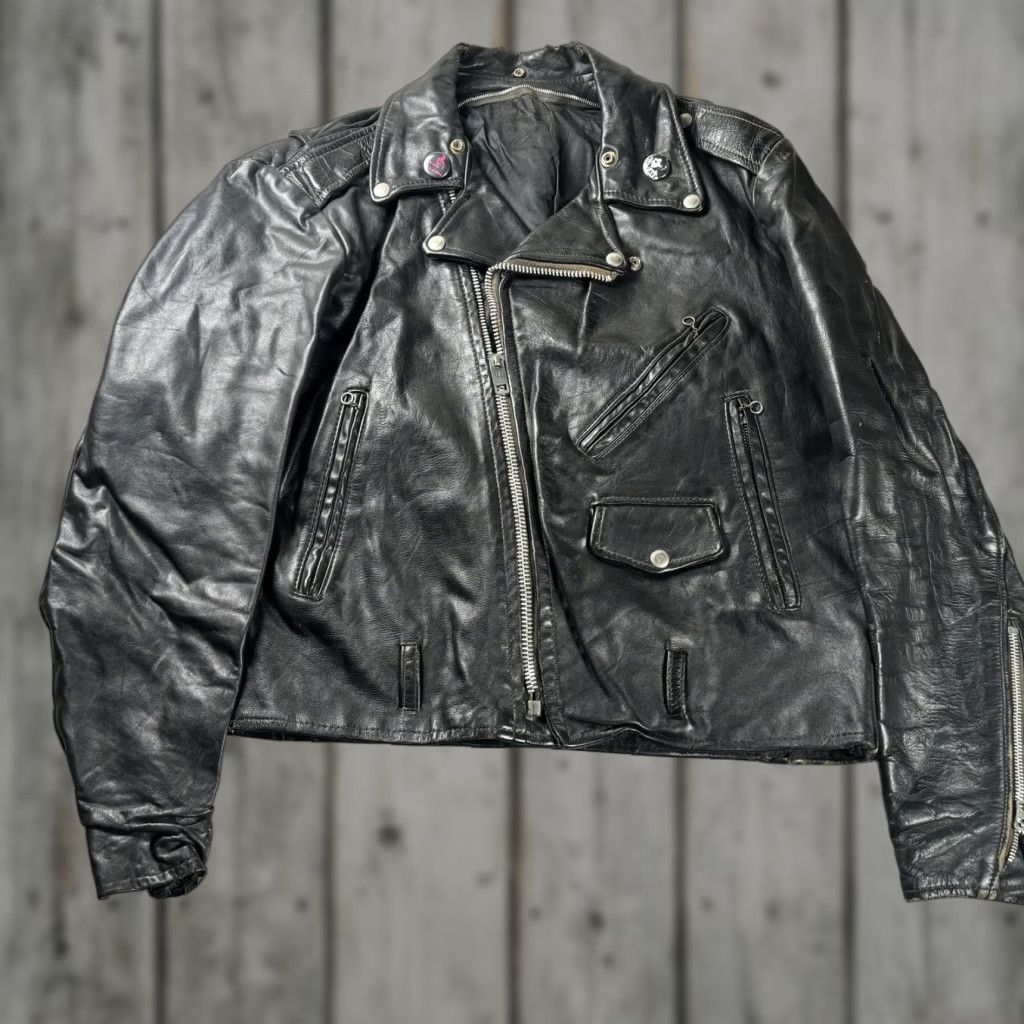 VINTAGE Leather Motorcycle Jacket Mens 46 Black Biker Asymmetrical Zip Beltless