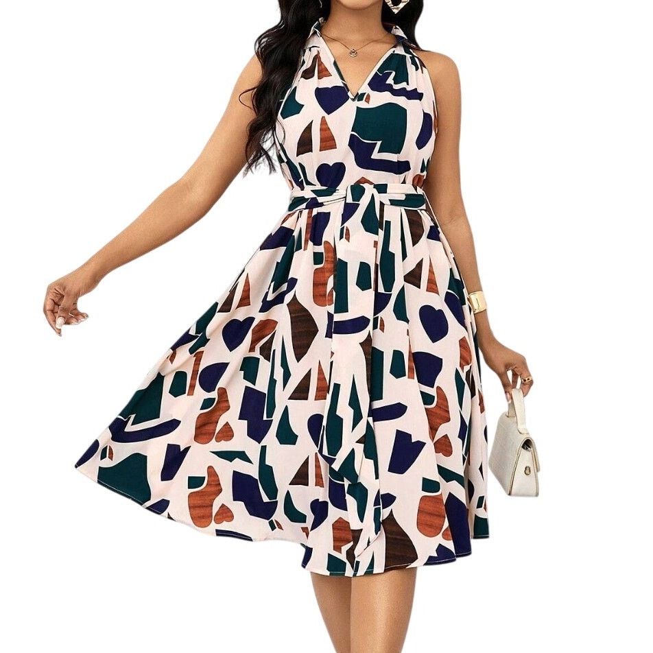 Shein Geometric Print Bow Waist Dress in Multi, Size M Size M / US 6-8 / IT 42-44 - 1 Thumbnail