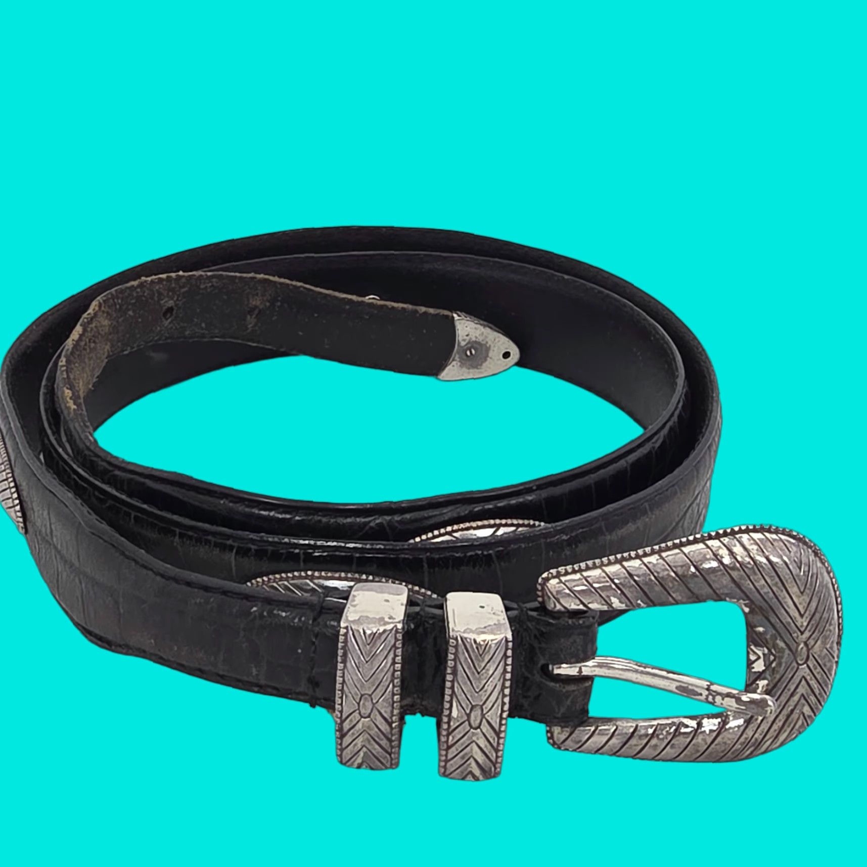 Fossil VTG Fossil Leather Belt Mens 44 Black Silver Braided Concho Western Southwest Belt Size 44 - 1 Thumbnail