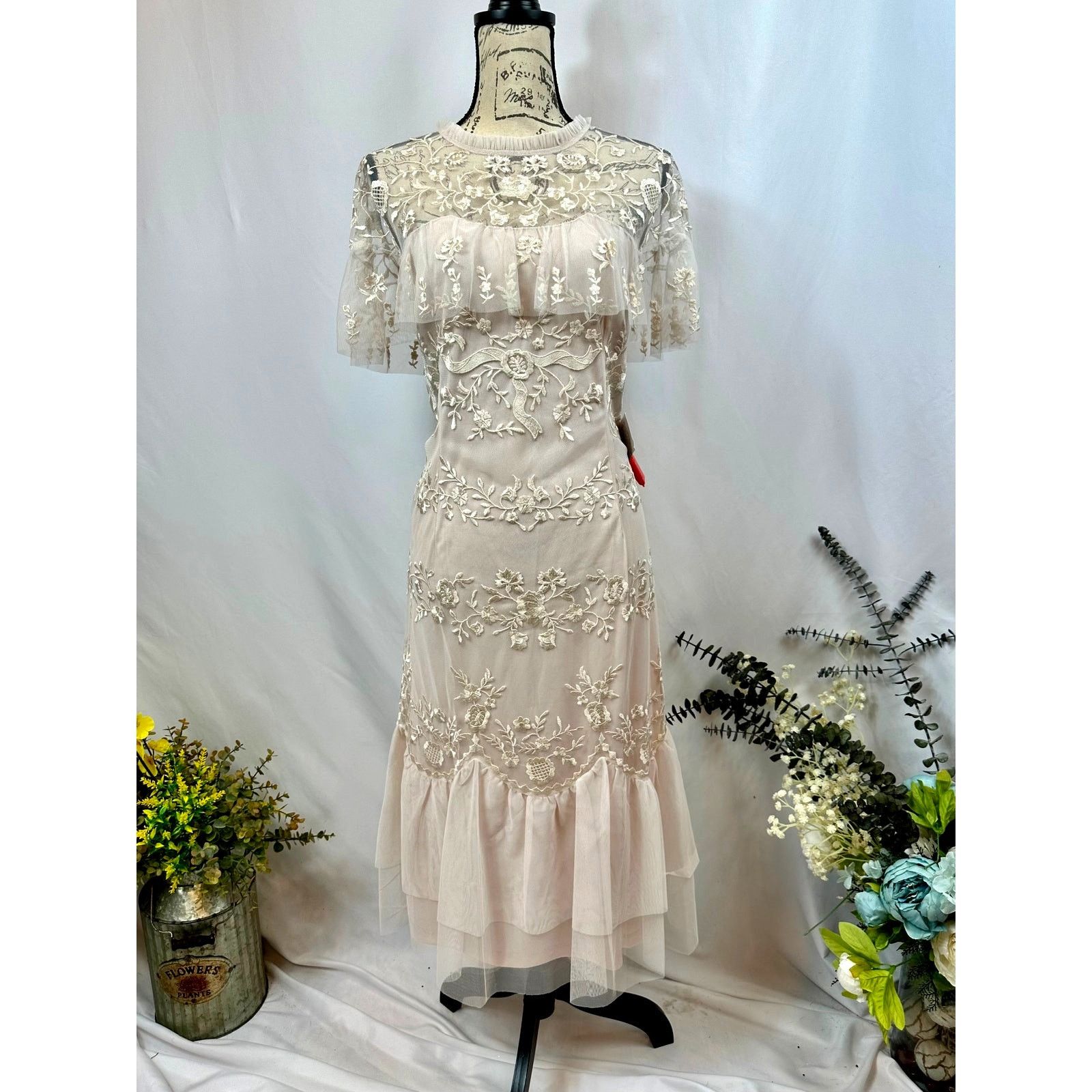 Mac Duggal Floral Embroidered Sheer Mesh Dress Blush 12